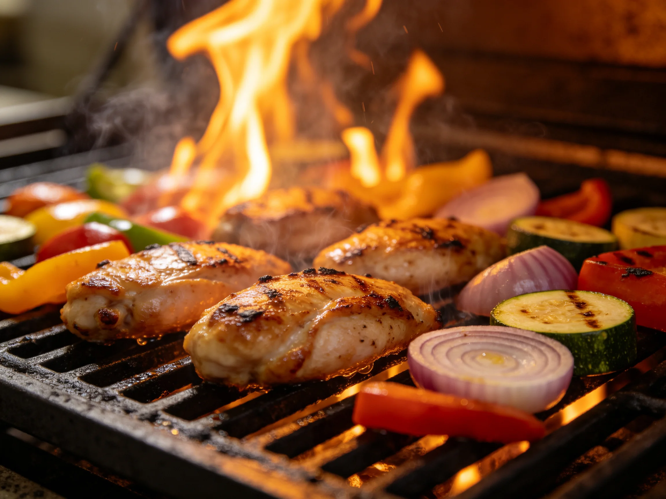 Grilled chicken and colorful vegetables sizzle over bright flames