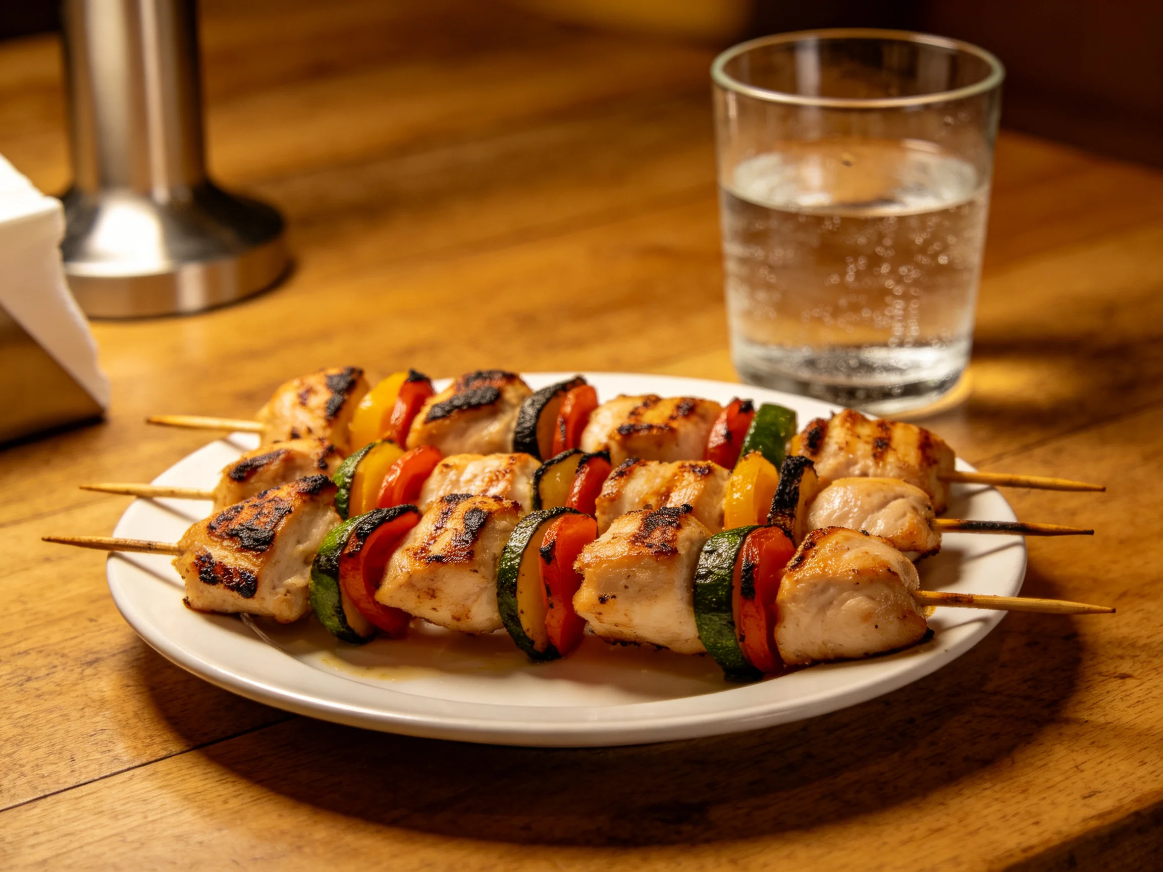 Grilled chicken and colorful veggie skewers on a white plate