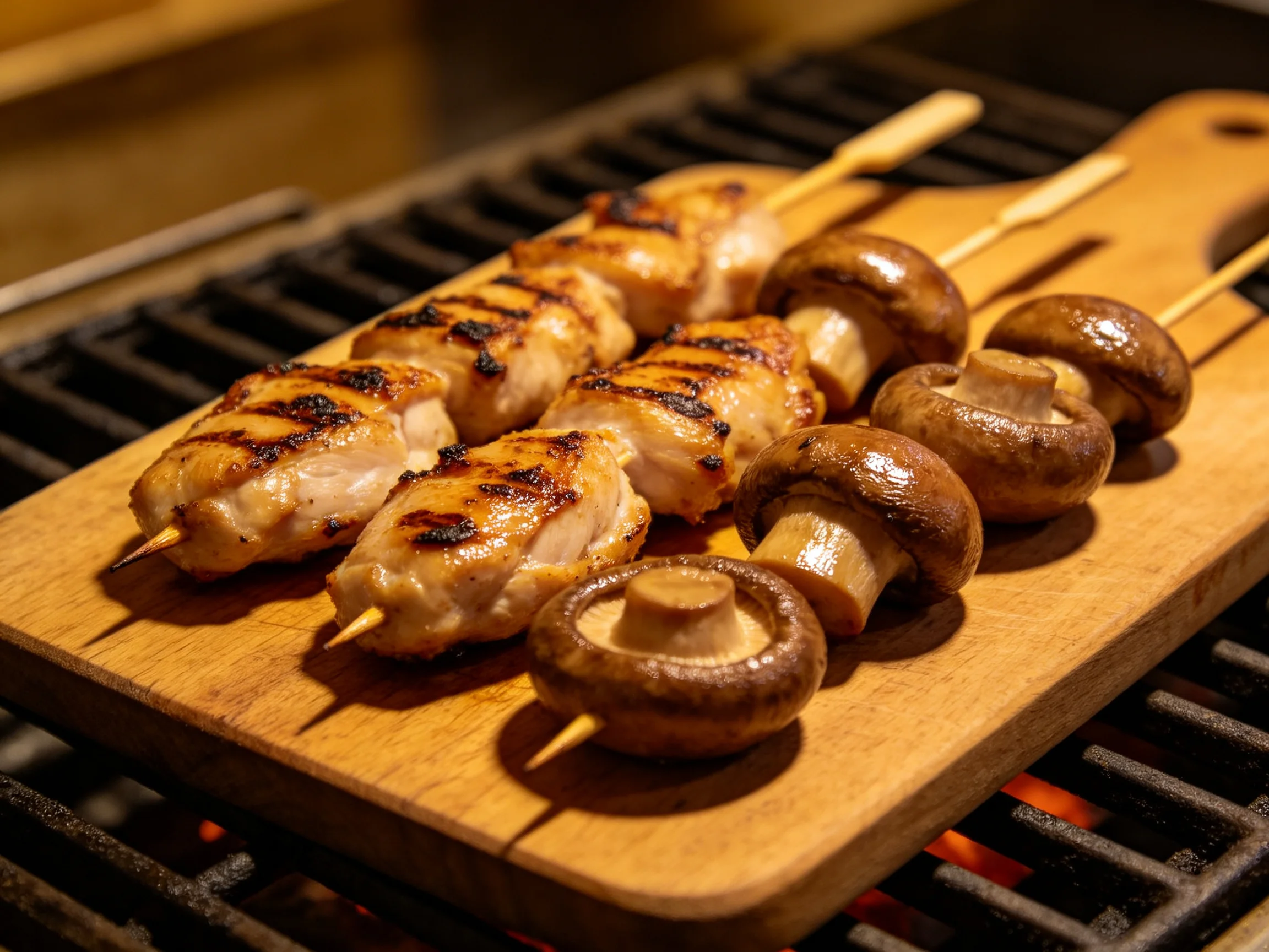 Grilled chicken and mushroom skewers on a wooden board over a grill