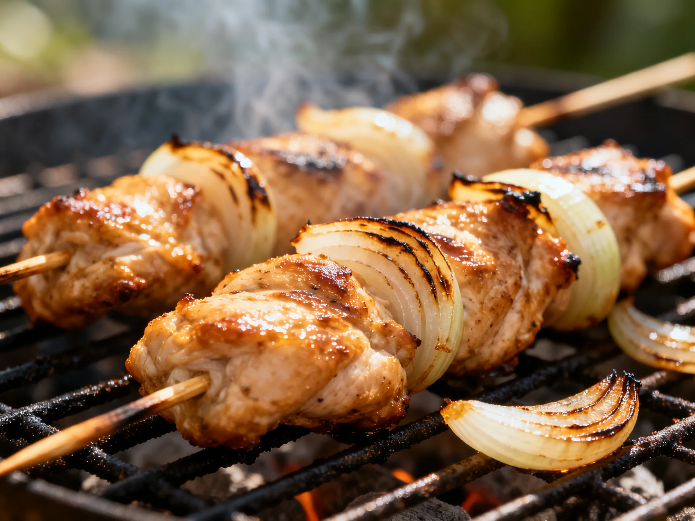Grilled chicken and onion skewers cooking on a barbecue