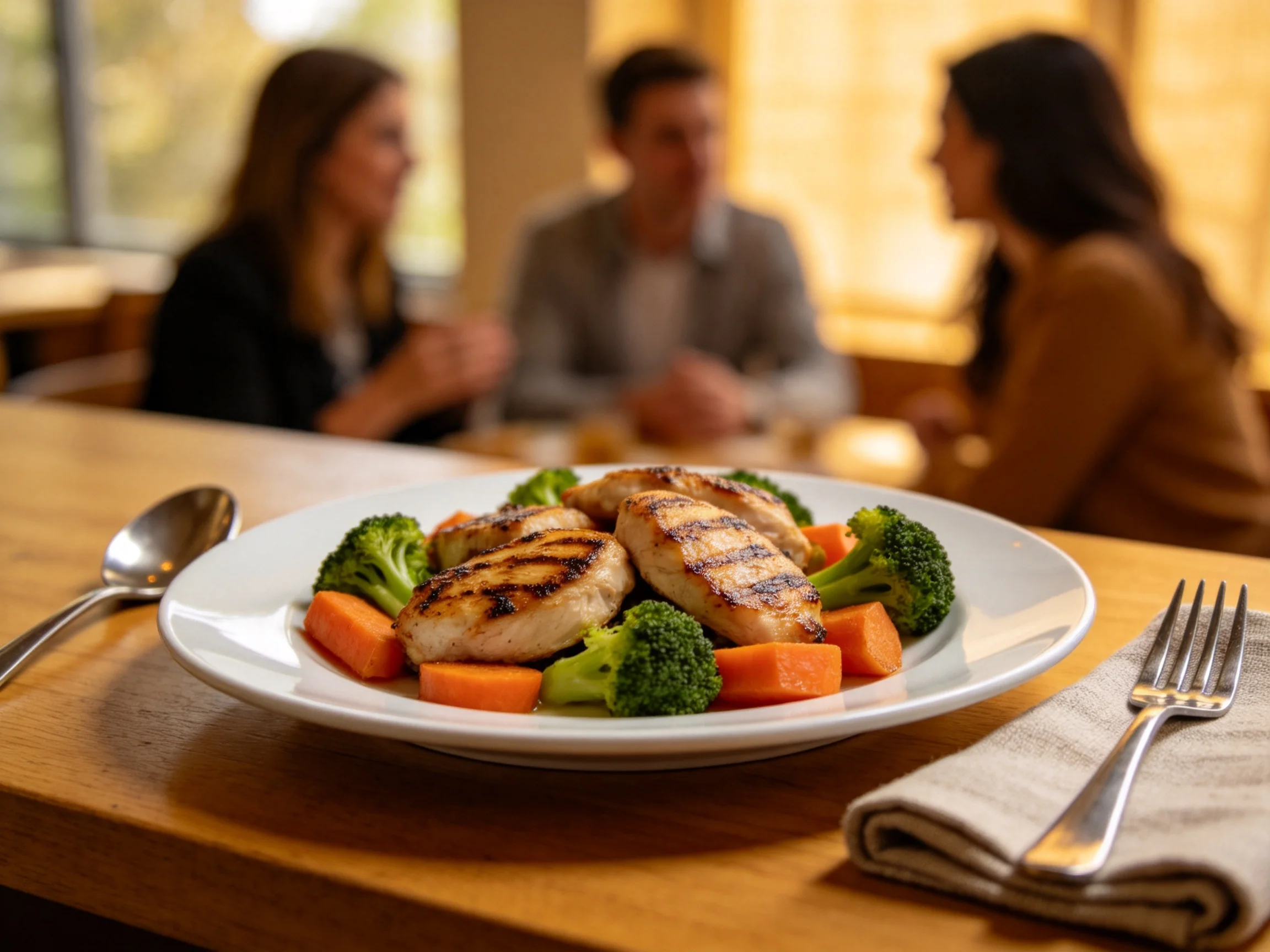 Grilled chicken and vegetable plate on a wooden table near three diners