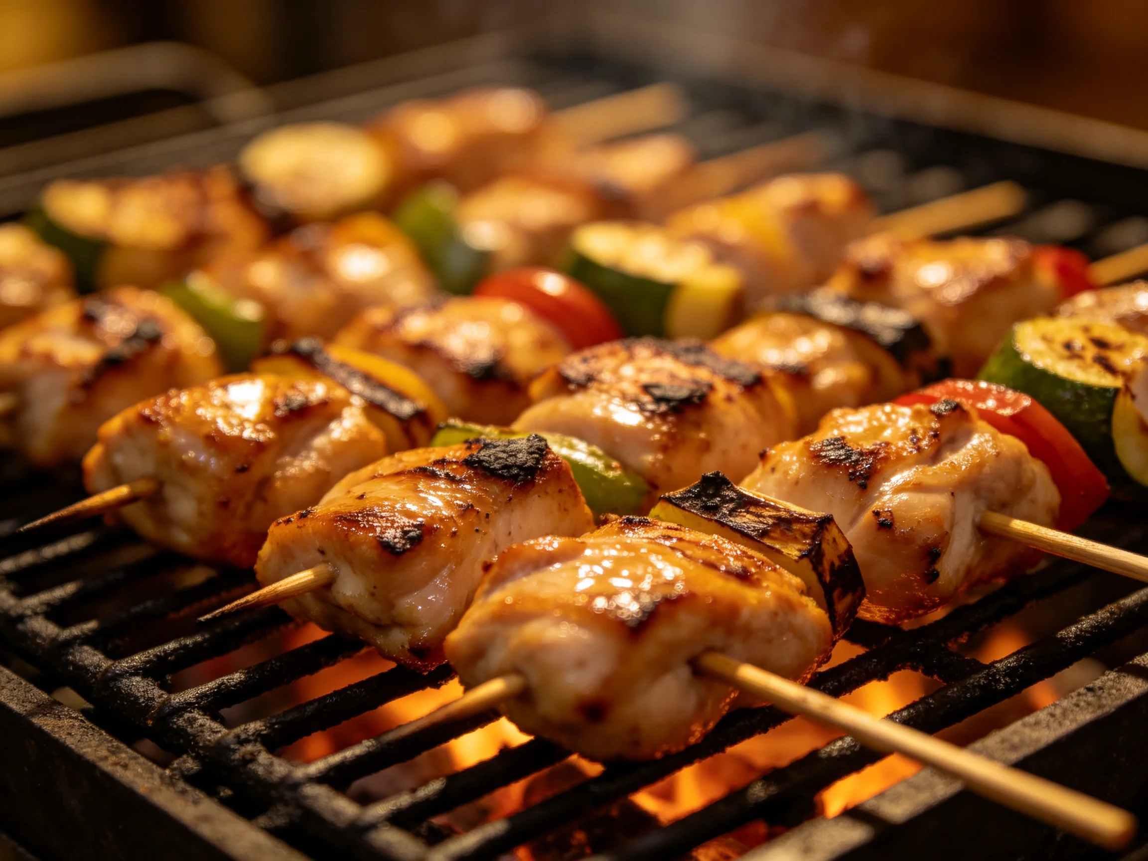 Grilled chicken and vegetable skewers cooking over a flaming grill