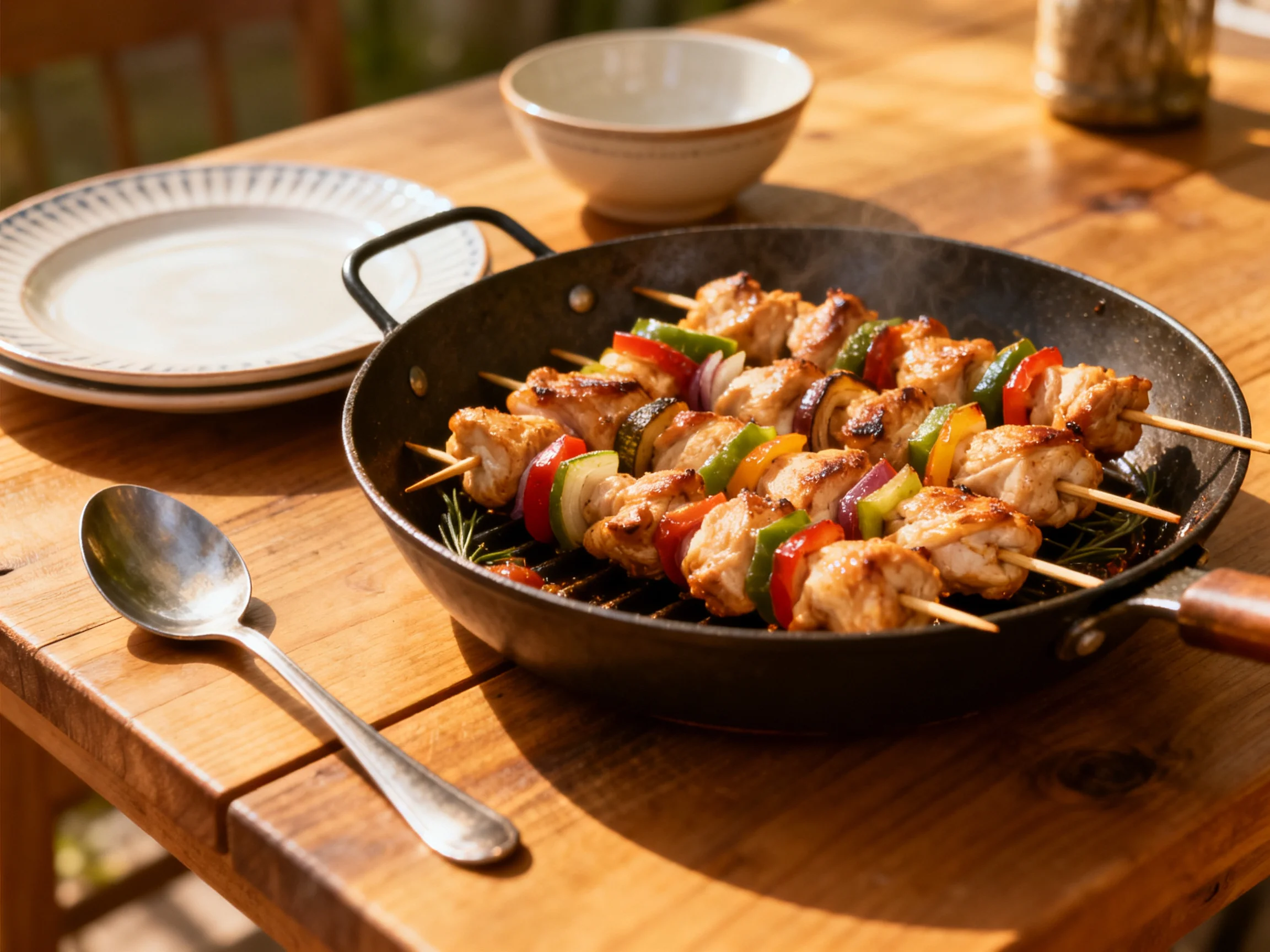 Grilled chicken and vegetable skewers in a black skillet on a wooden table