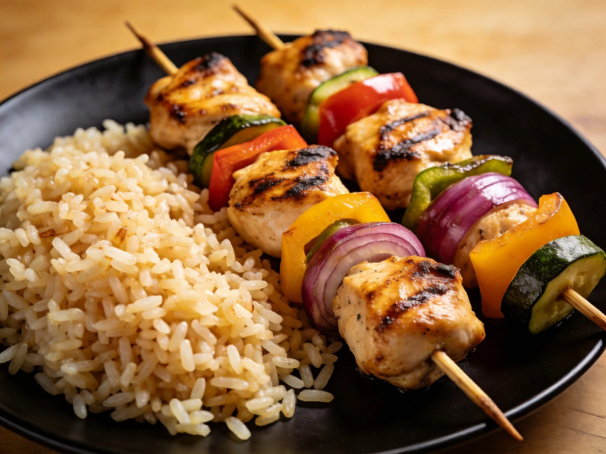 Grilled chicken and vegetable skewers served with seasoned brown rice