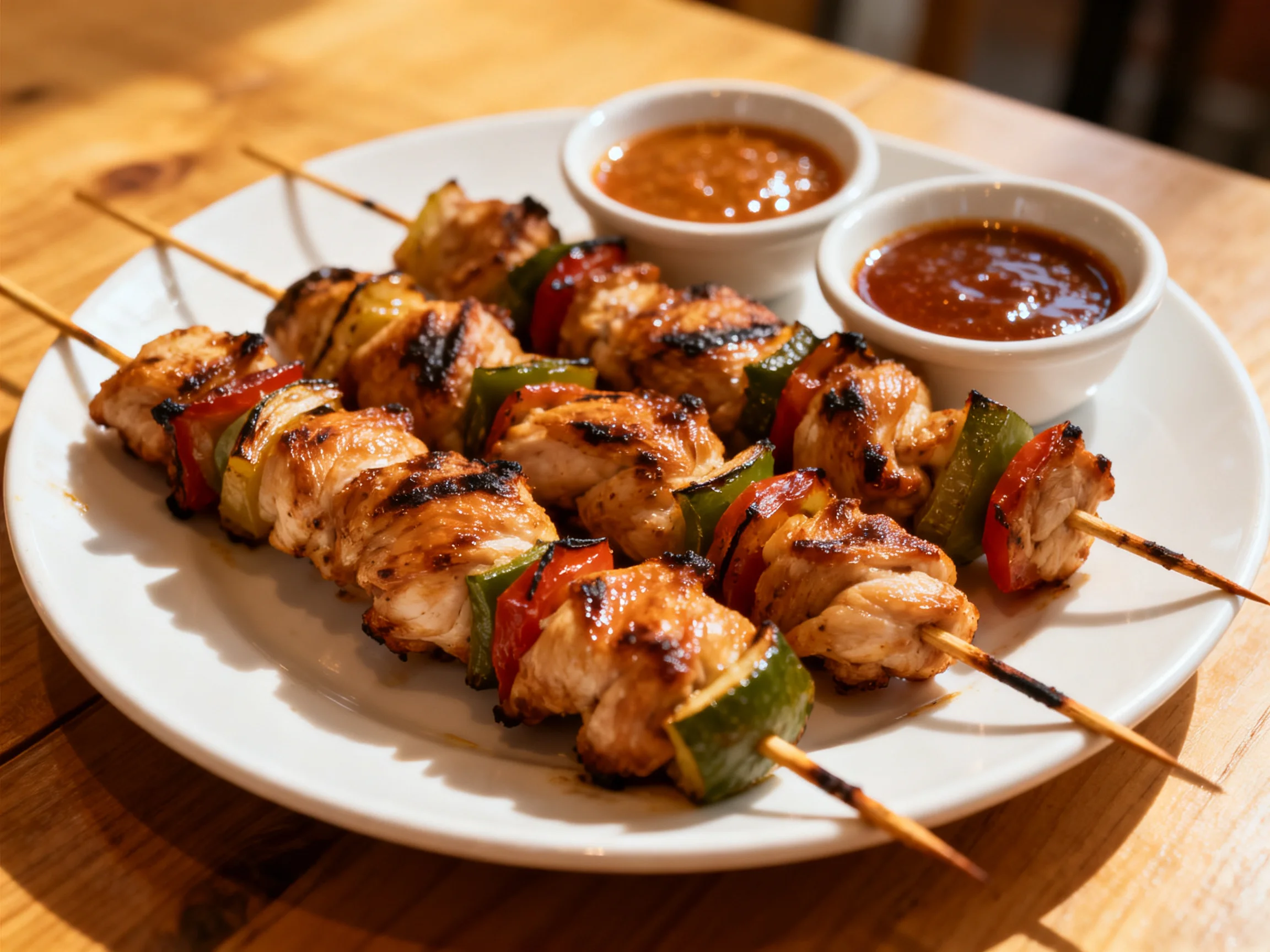 Grilled chicken and vegetable skewers served with two dipping sauces