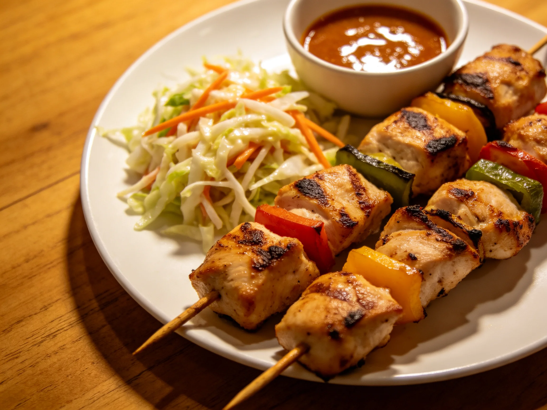 Grilled chicken and vegetable skewers with coleslaw and dipping sauce