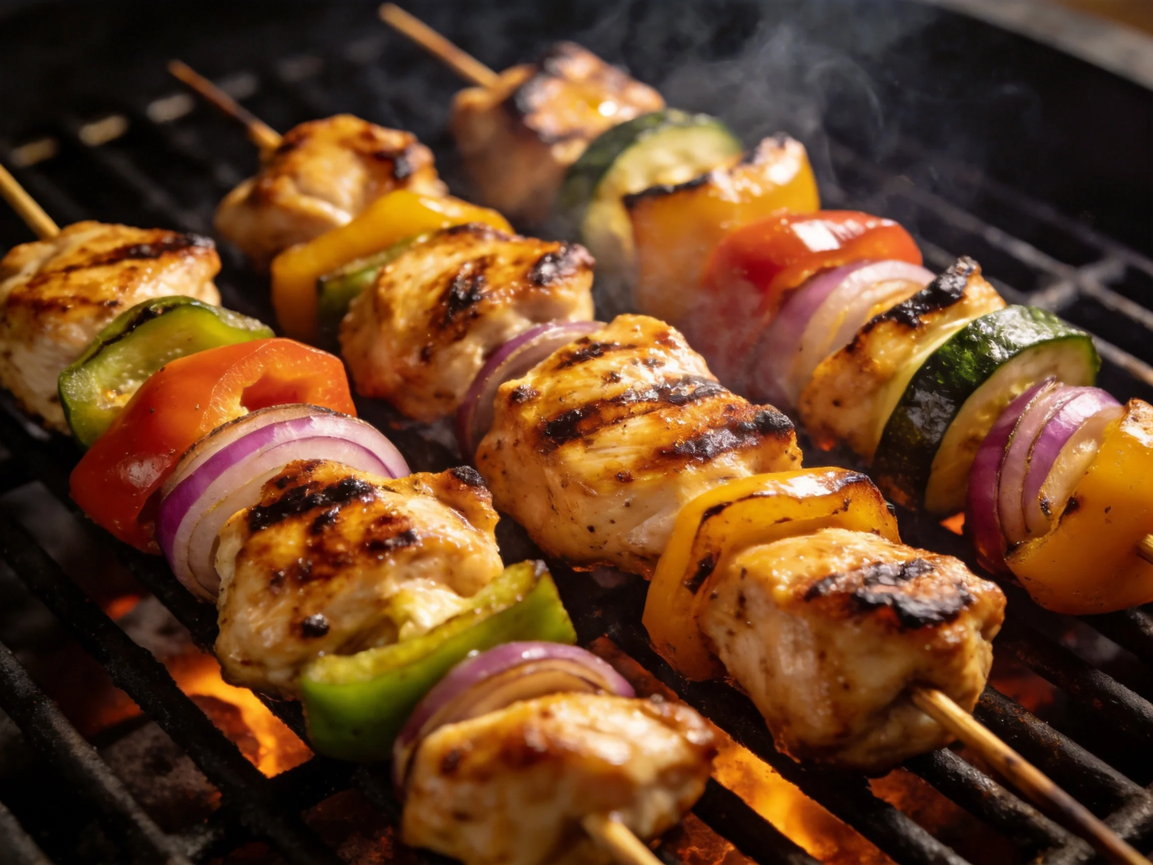 Grilled chicken and vegetable skewers with colorful veggies