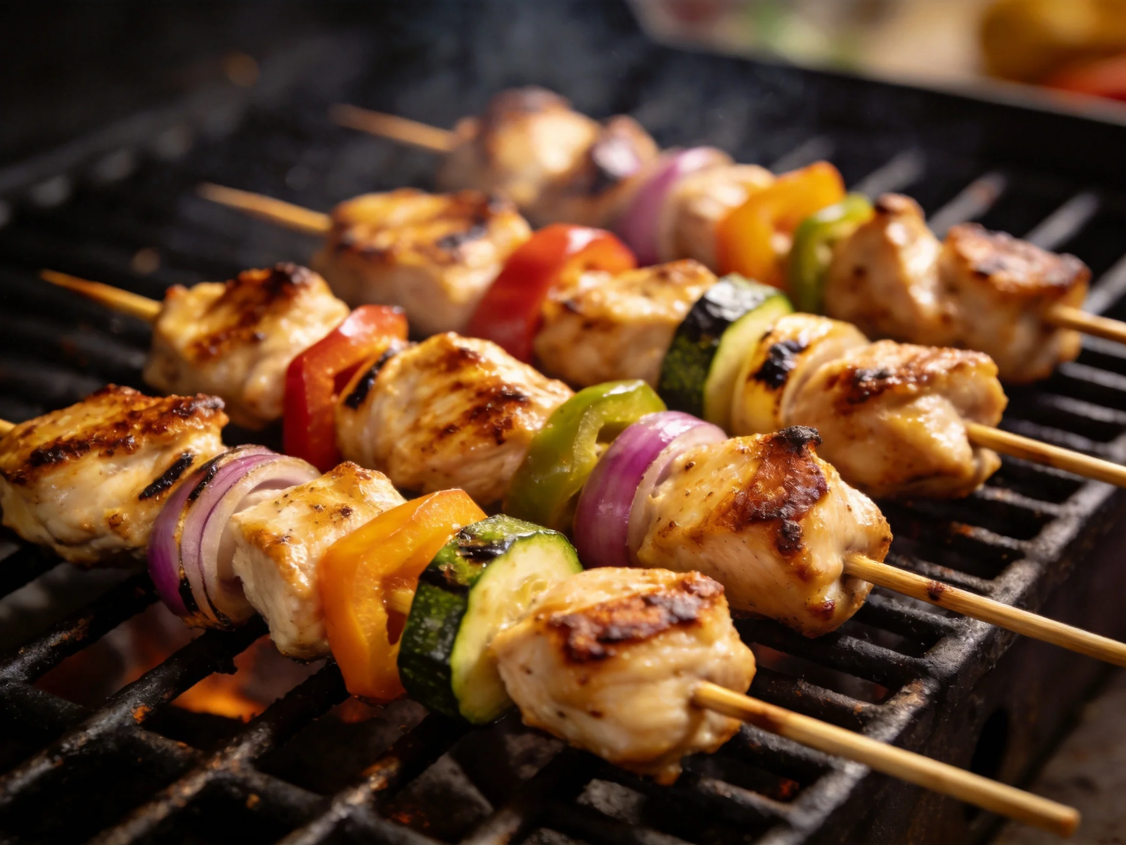 Grilled chicken and vegetable skewers with colorful veggies on a black grill