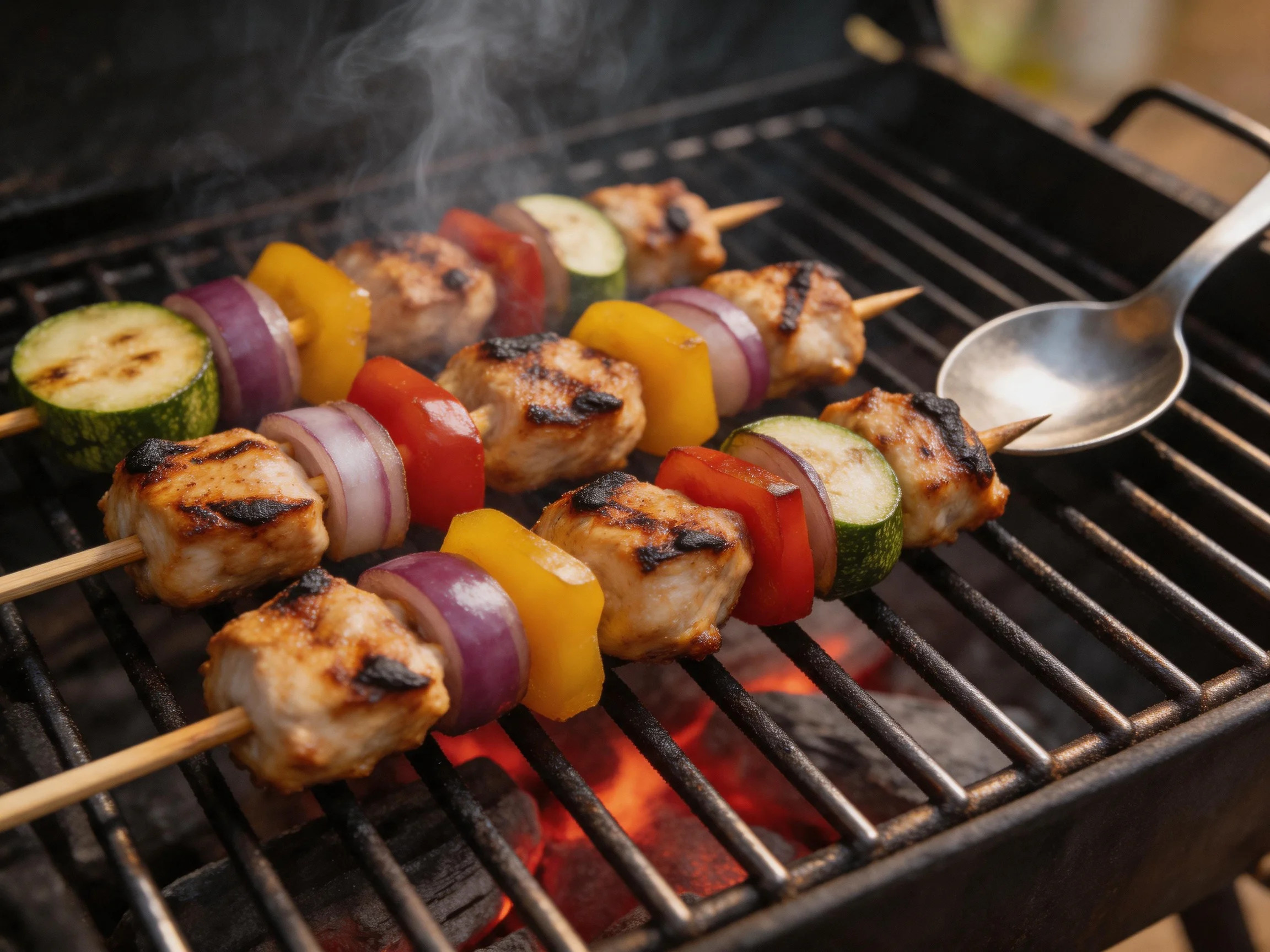 Grilled chicken and vegetable skewers with colorful veggies over hot coals