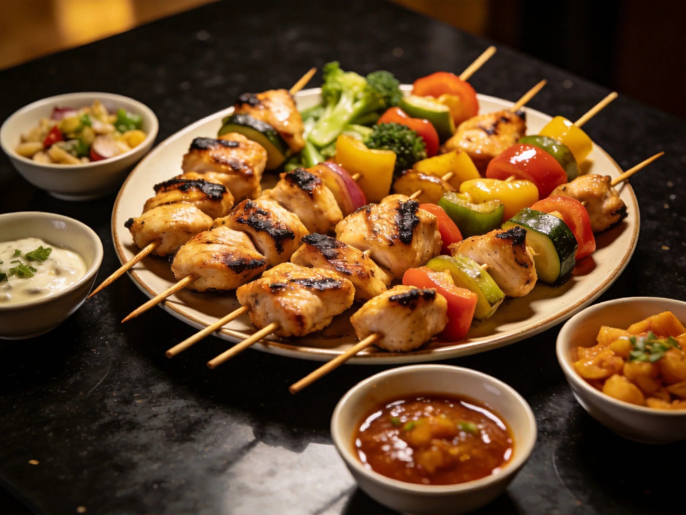 Grilled chicken and vegetable skewers with four colorful side dishes