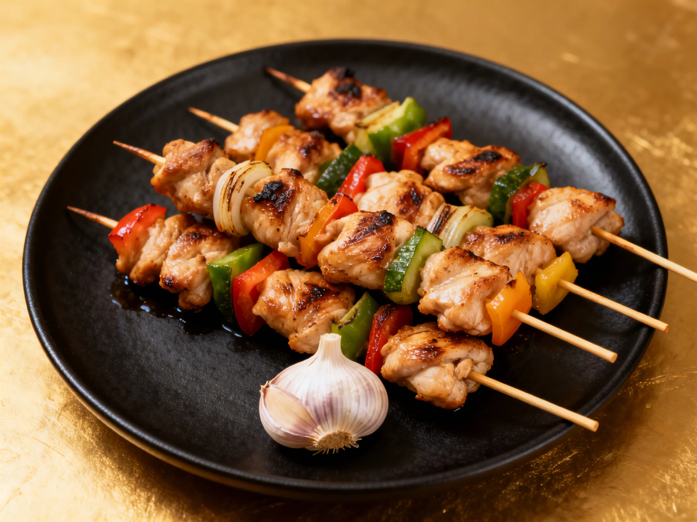 Grilled chicken and vegetable skewers with whole garlic on black plate