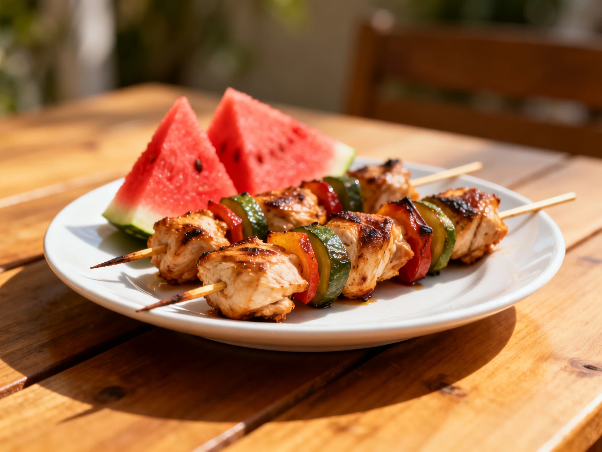 A plate of grilled chicken and veggie skewers sits beside two watermelon wedges outdoors.
