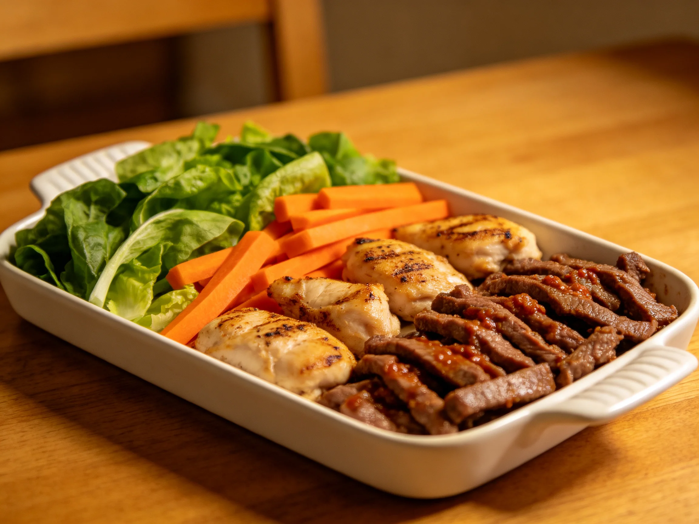 Grilled chicken, beef strips, carrot slices, and leafy greens in a white dish