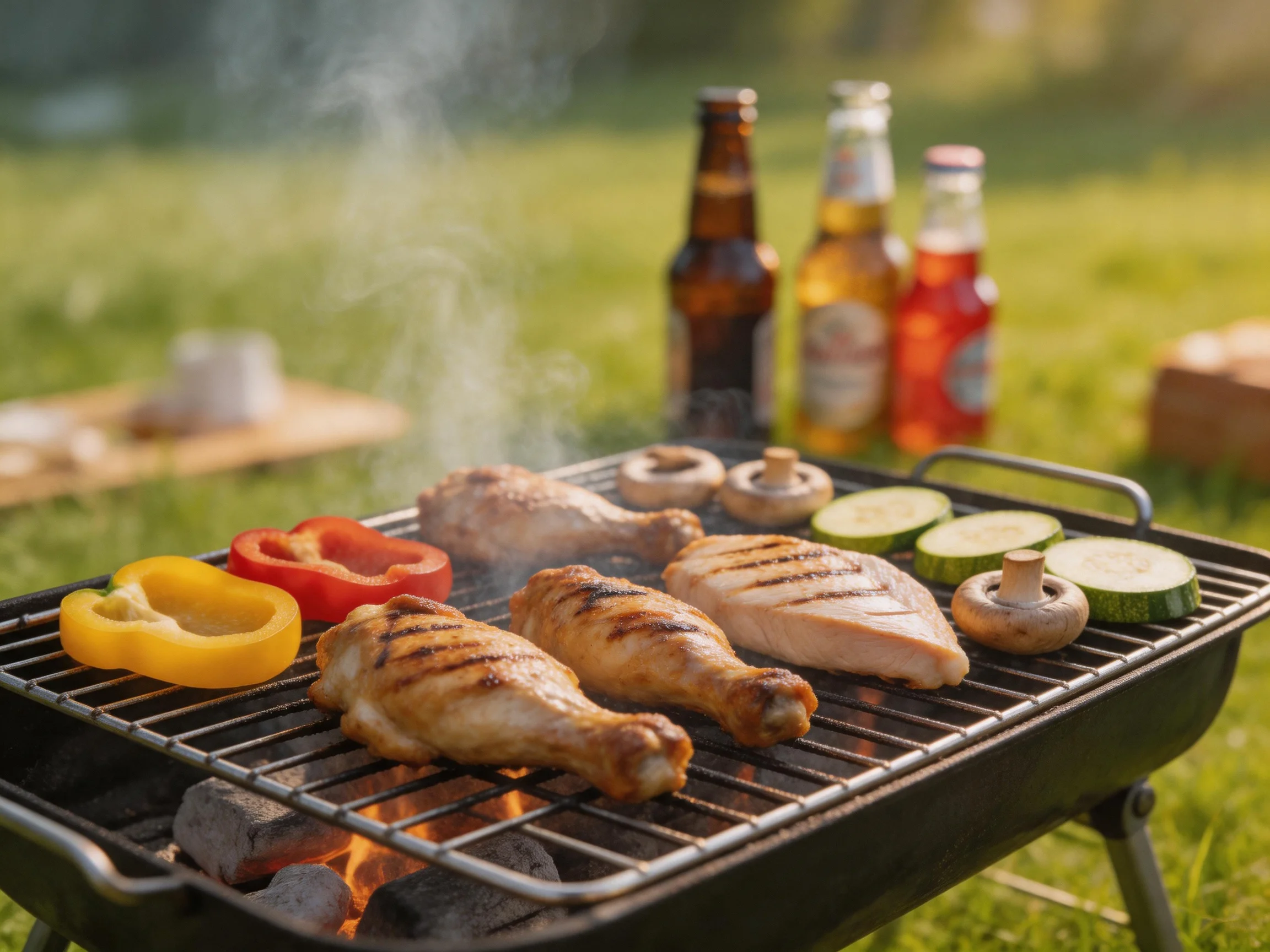 Grilled chicken, bell peppers, zucchini, and mushrooms on an outdoor charcoal grill with three bevera