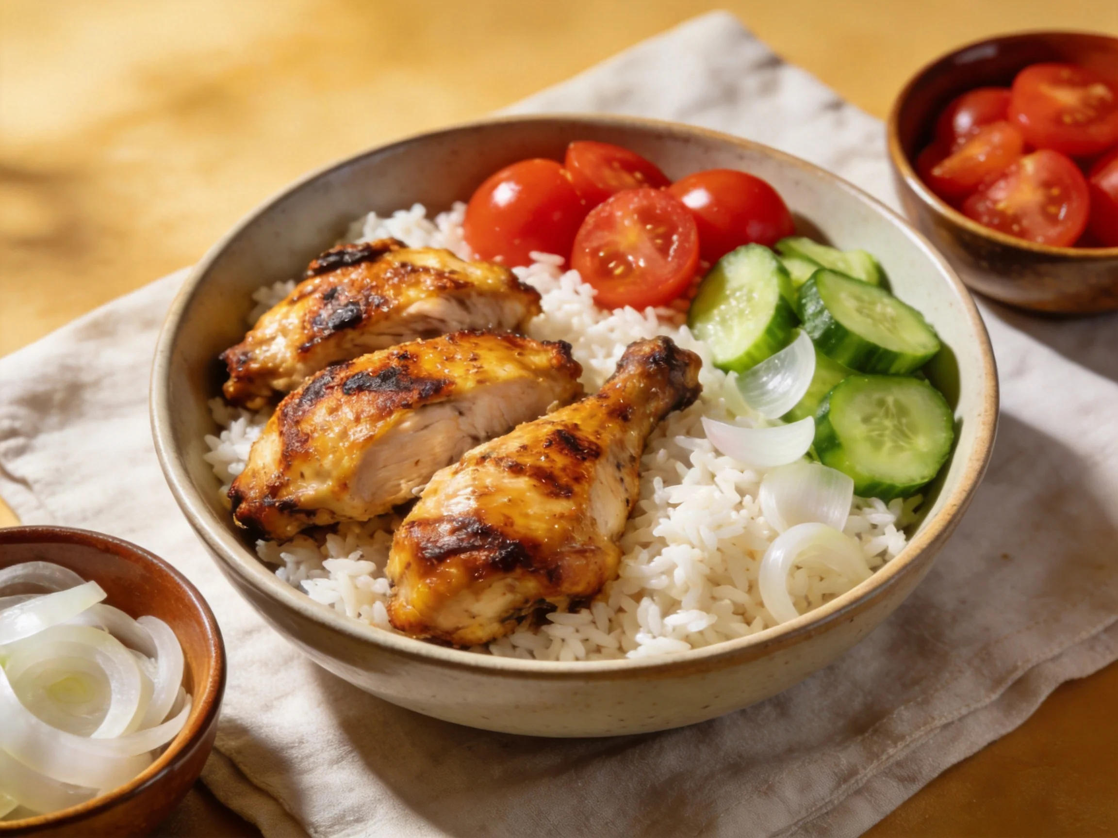 Grilled chicken bowl with rice and fresh vegetables