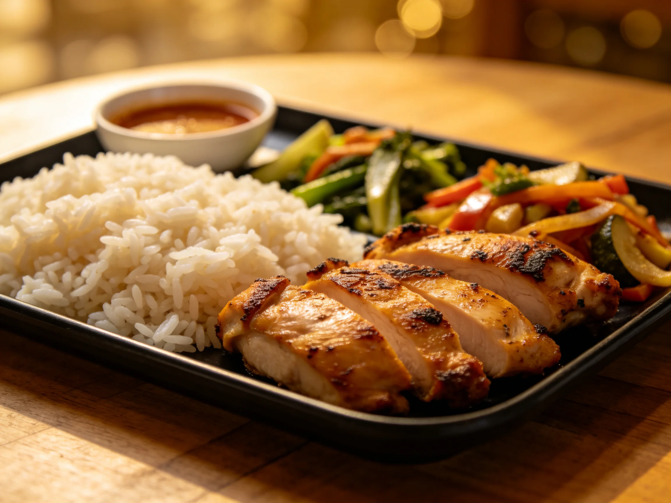 Grilled chicken breast served with white rice, mixed vegetables, and dipping sauce