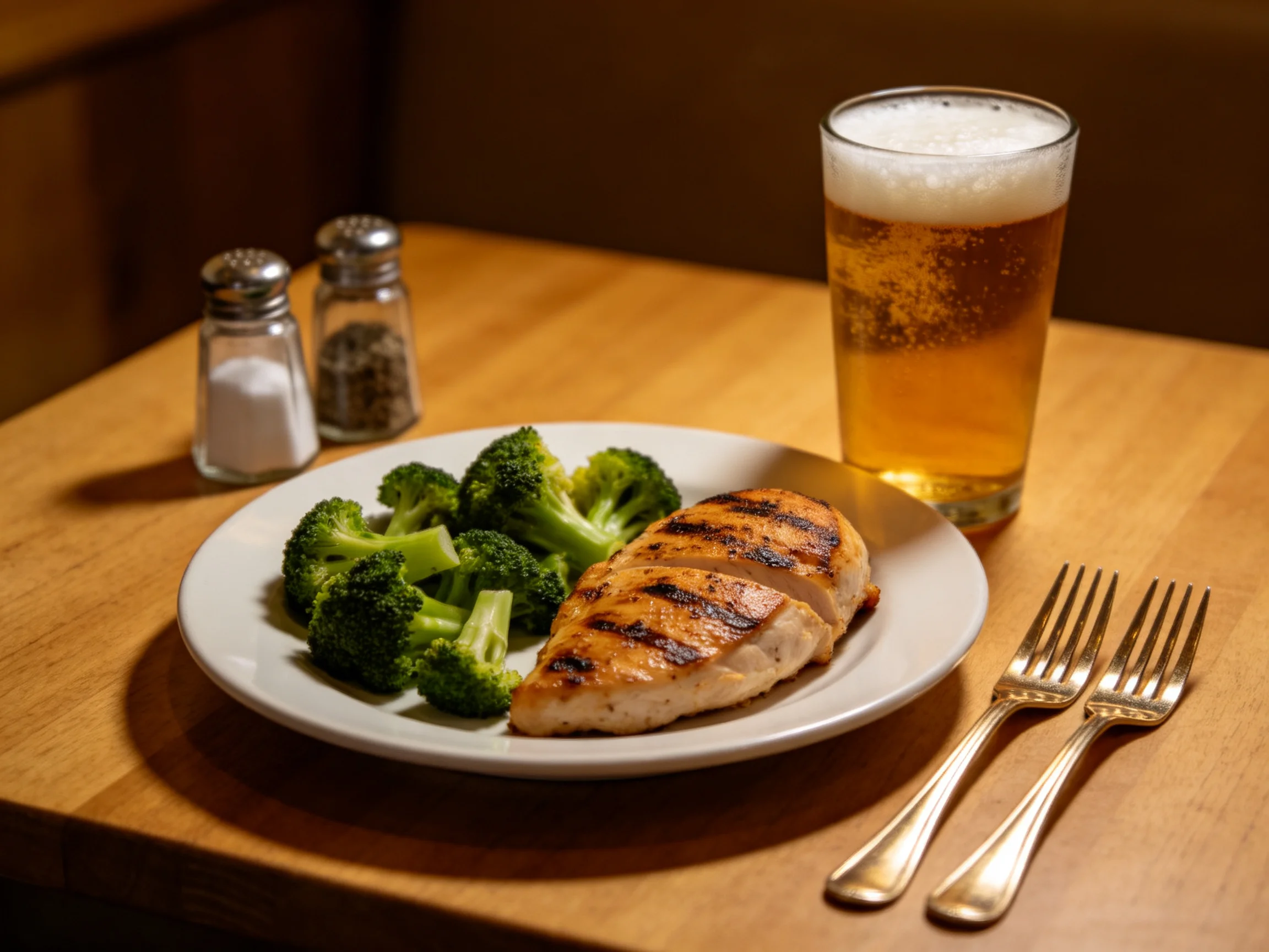 Grilled chicken breast, steamed broccoli, and amber beer on wooden table