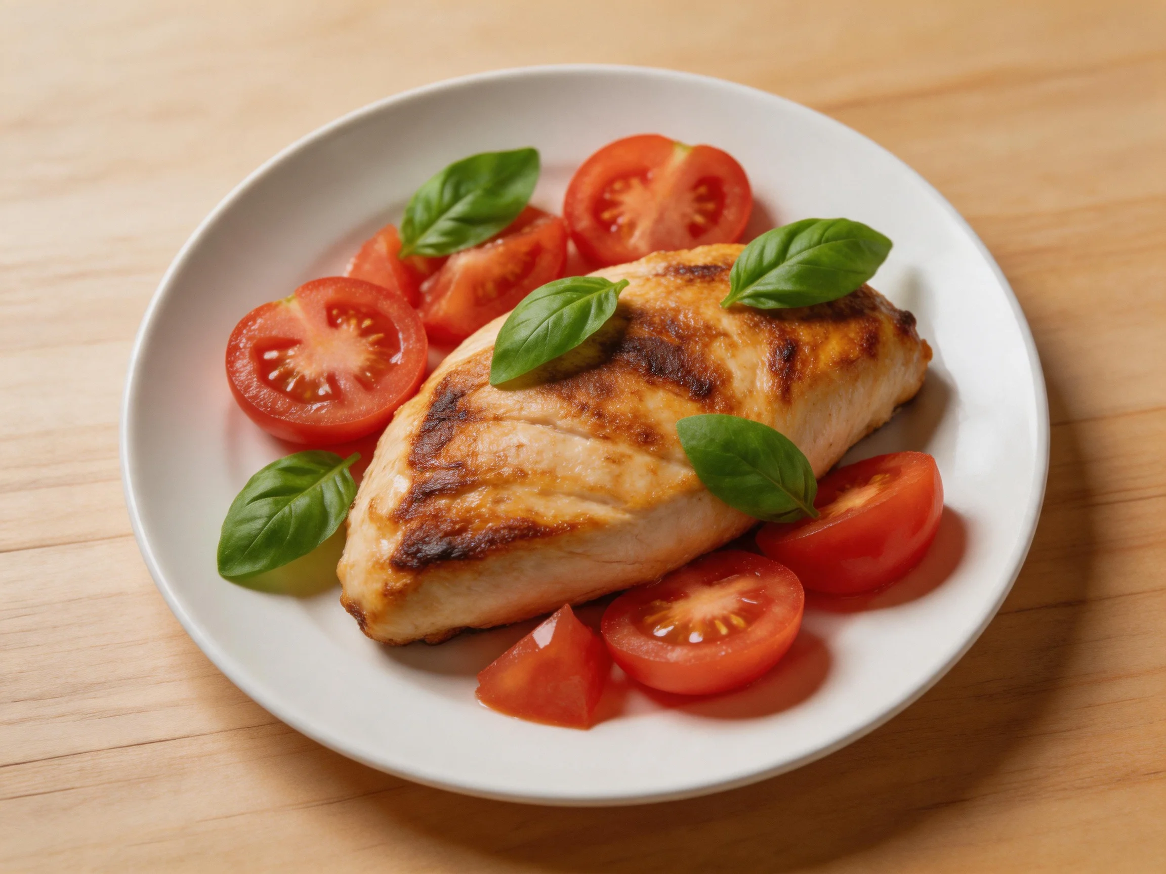 Grilled chicken breast with cherry tomatoes and fresh basil on a white plate
