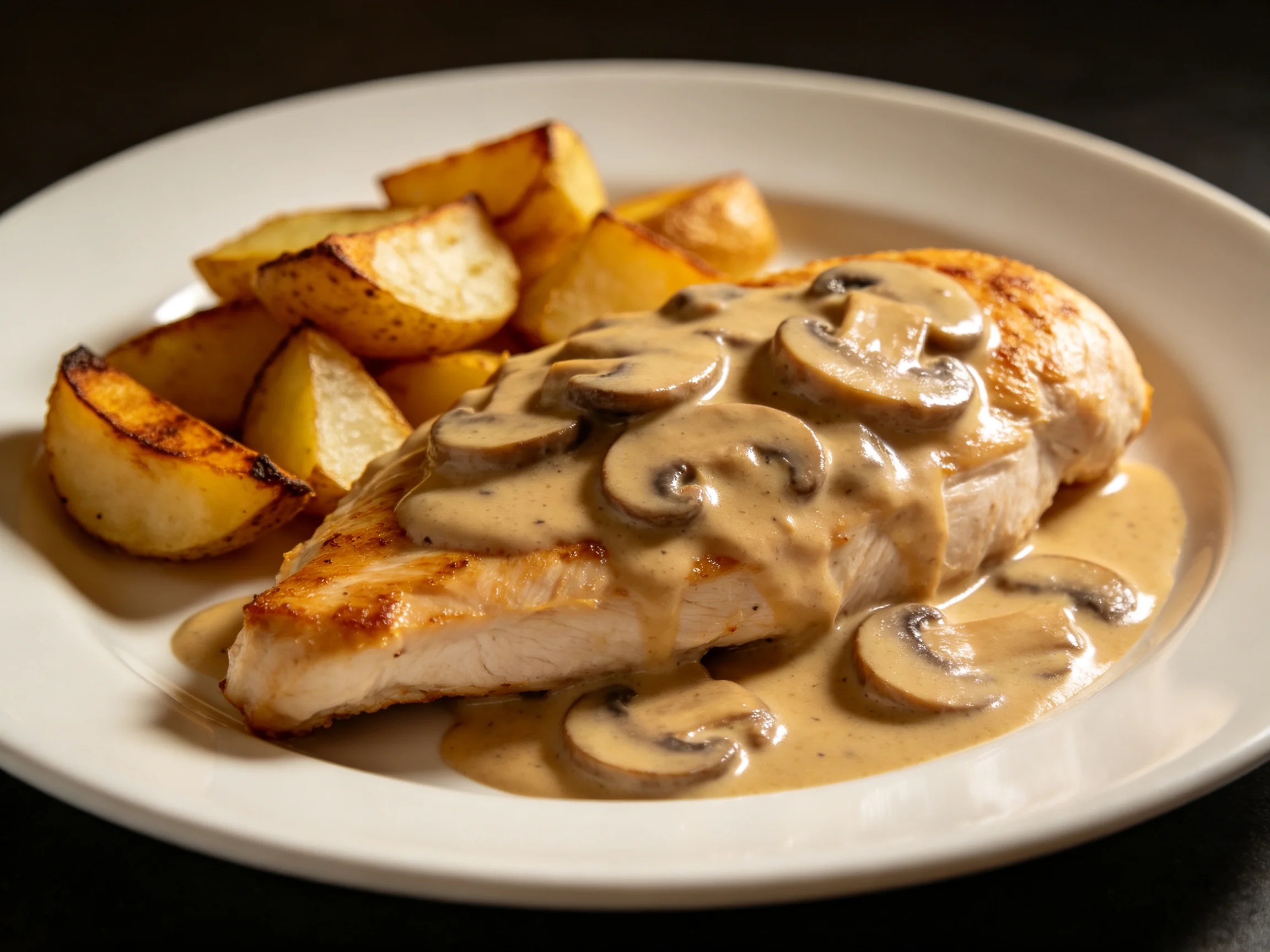 Grilled chicken breast with creamy mushroom sauce and roasted potato wedges