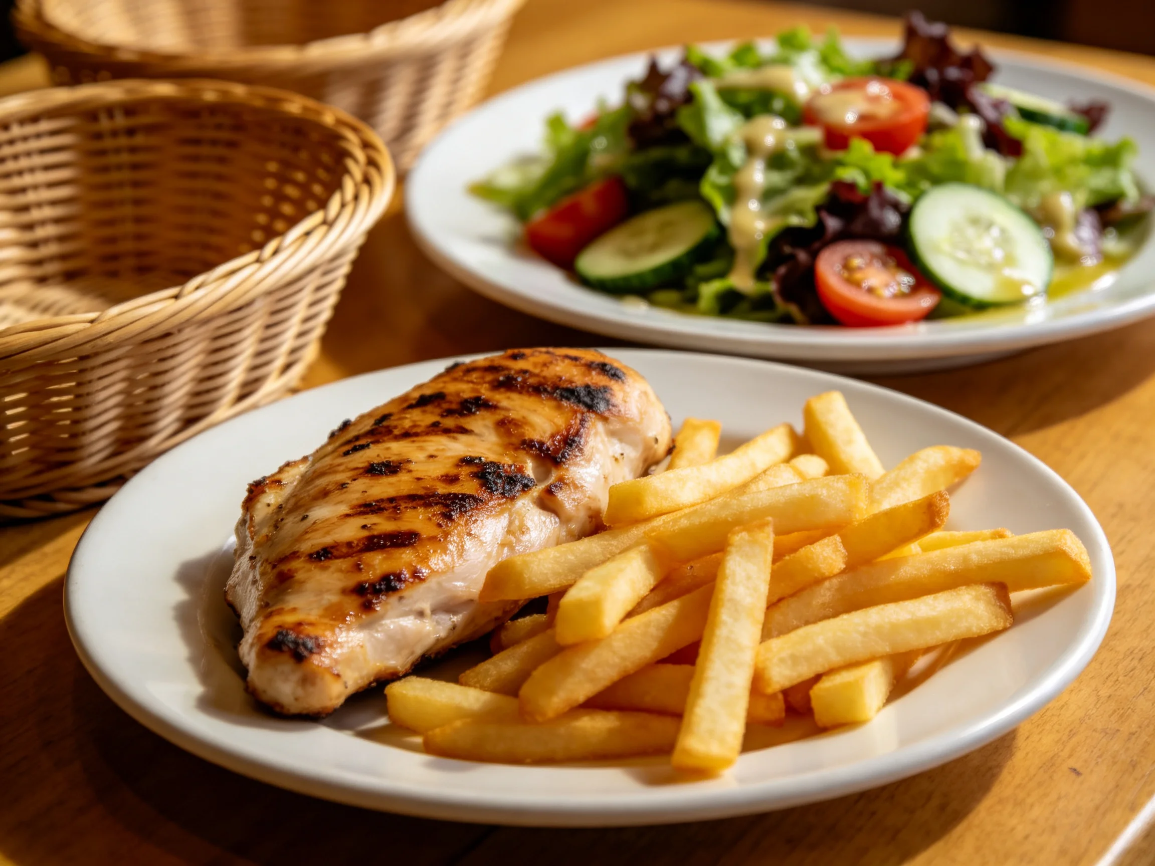 Grilled chicken breast with golden fries and vibrant mixed greens salad