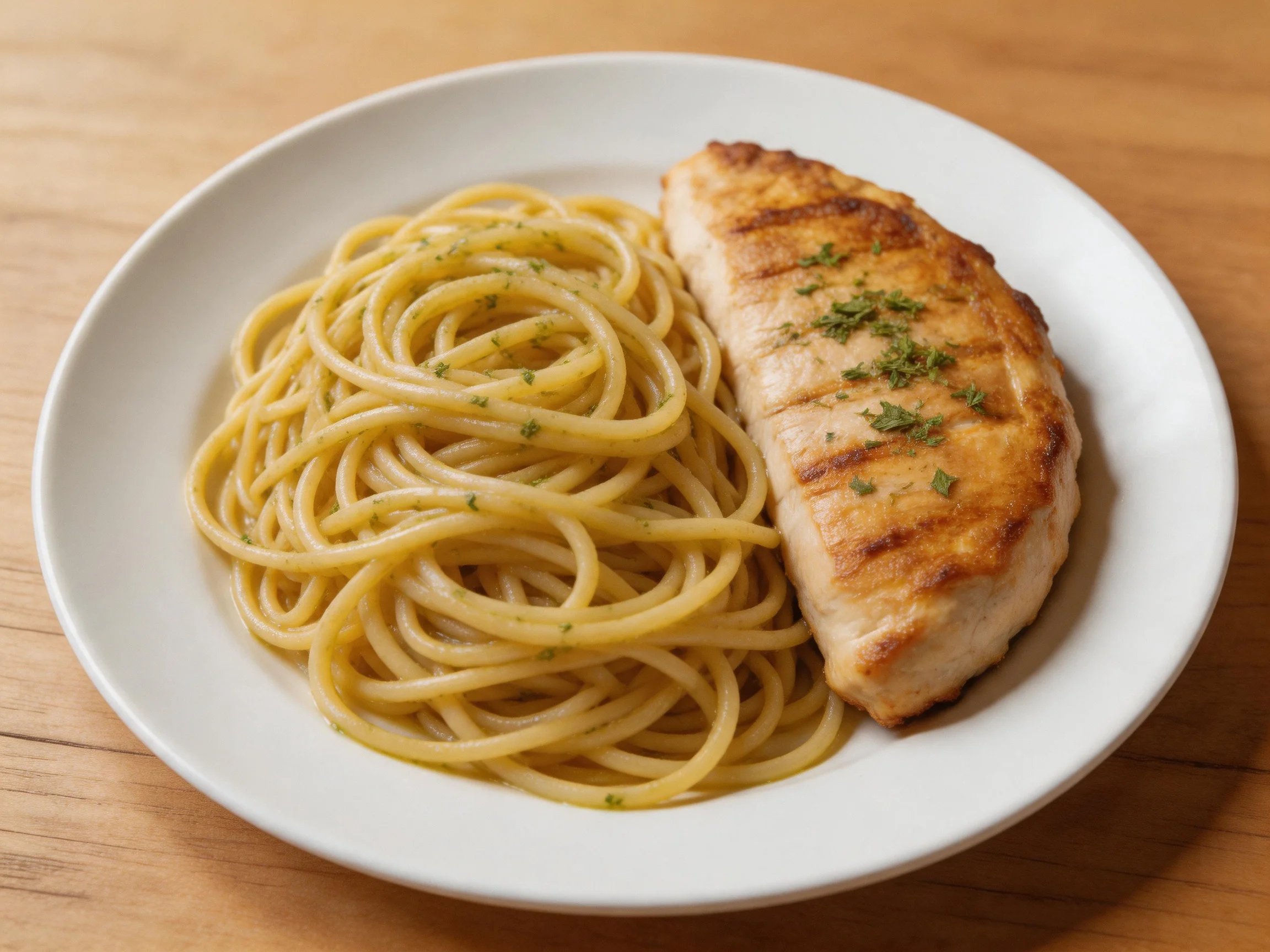 Grilled chicken breast with herb pasta on a white plate
