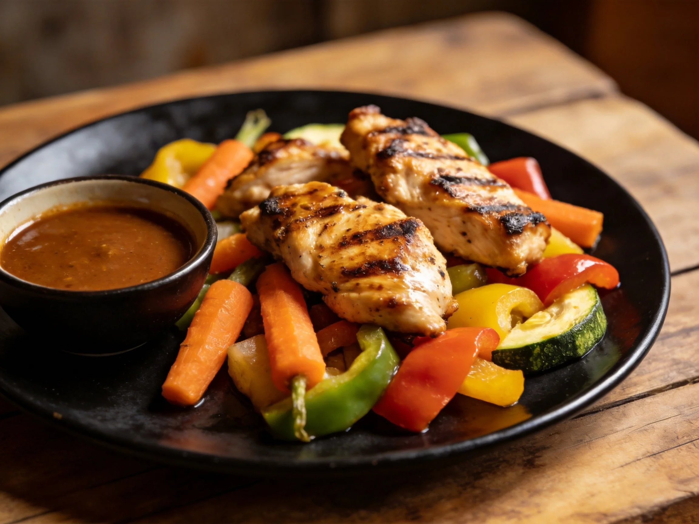 Grilled chicken breast with mixed vegetables and dipping sauce