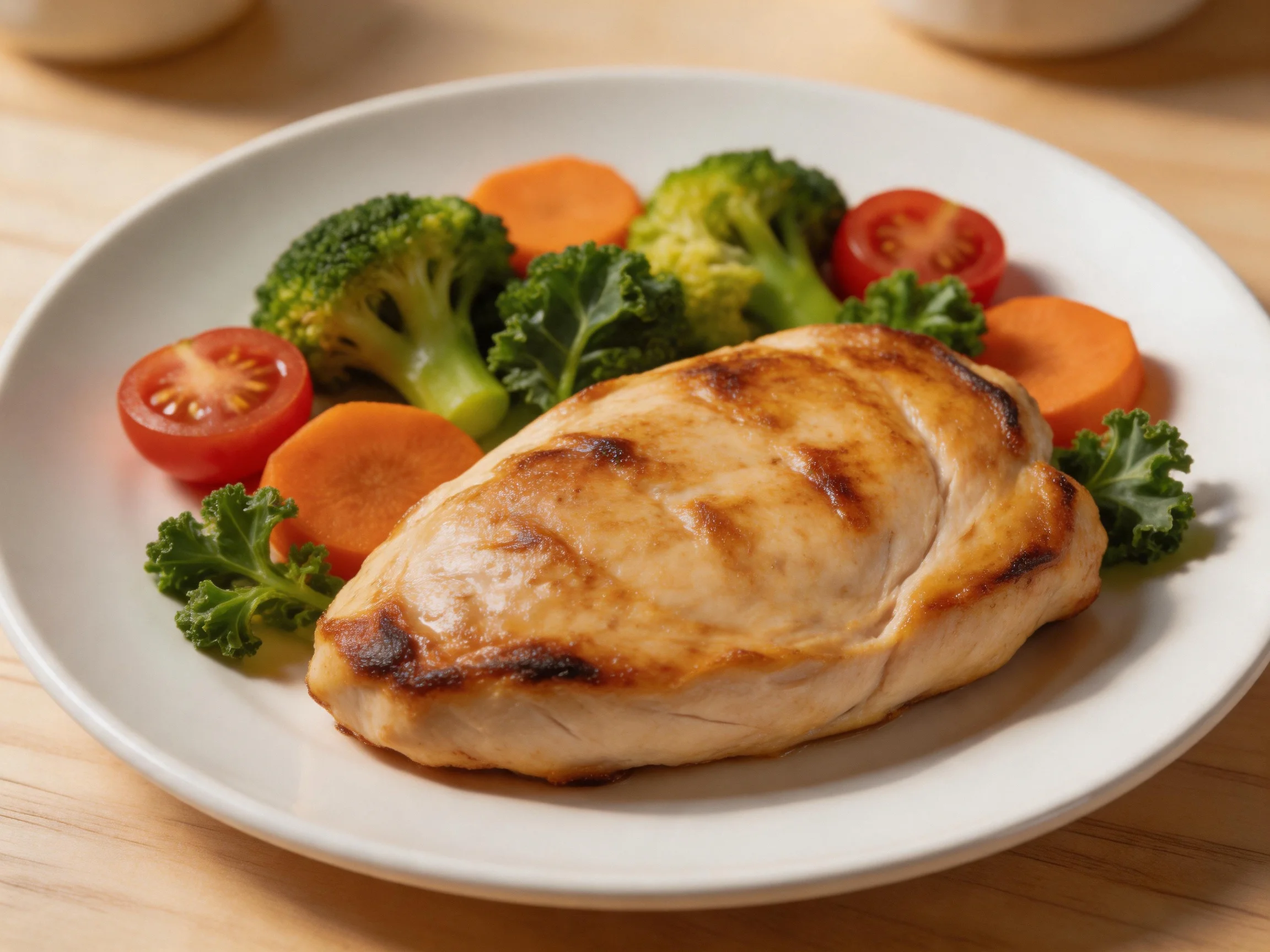 Grilled chicken breast with mixed vegetables including broccoli, carrots, and tomatoes
