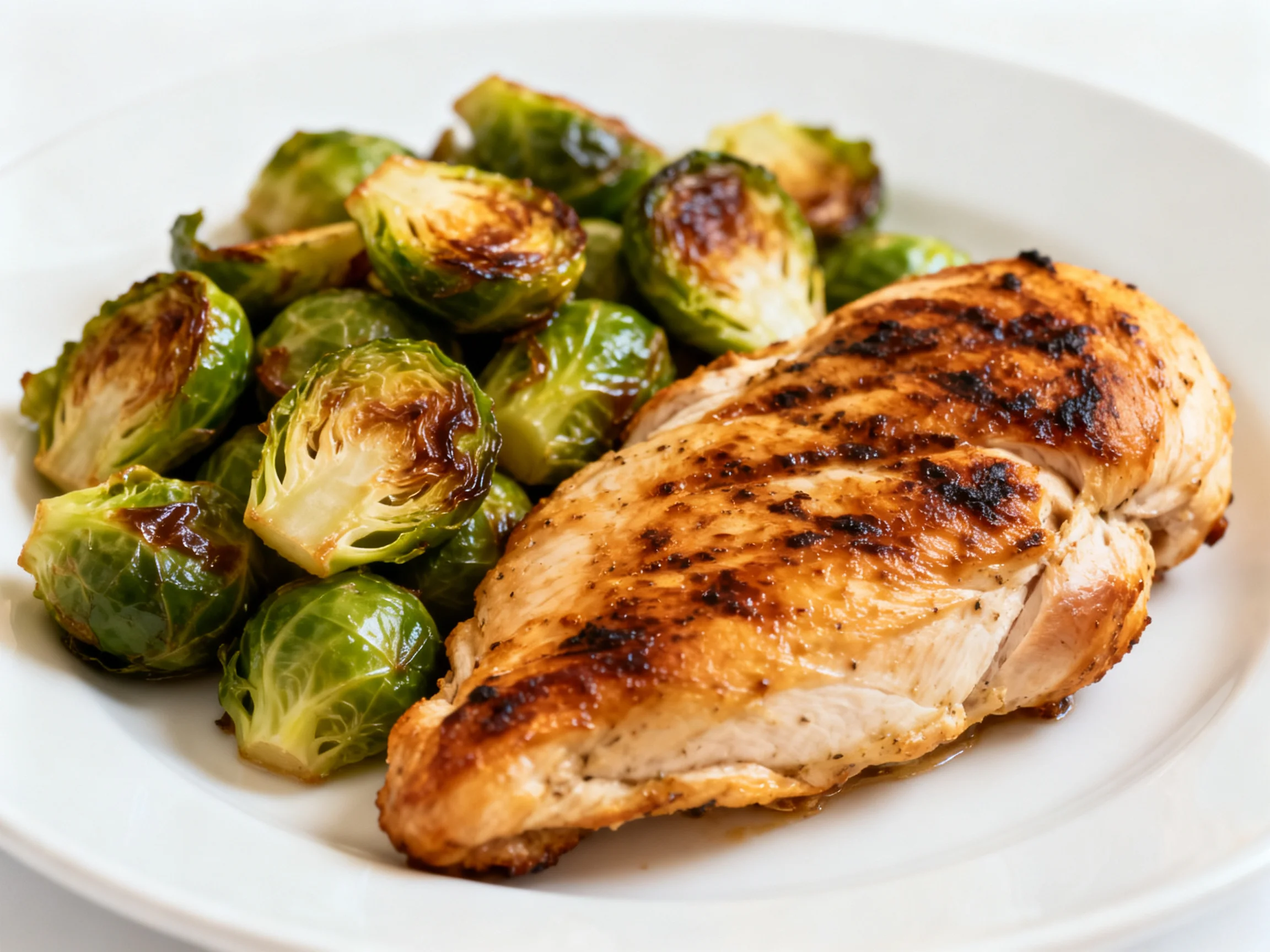Grilled chicken breast with roasted Brussels sprouts on a white plate