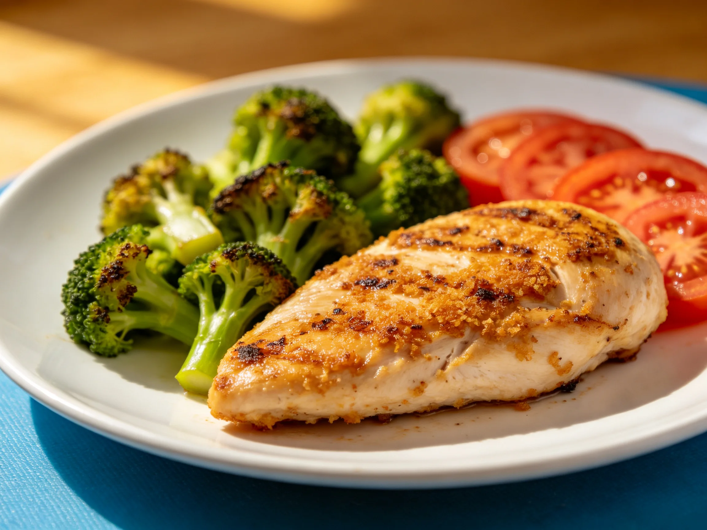 Grilled chicken breast with roasted broccoli and sliced tomatoes