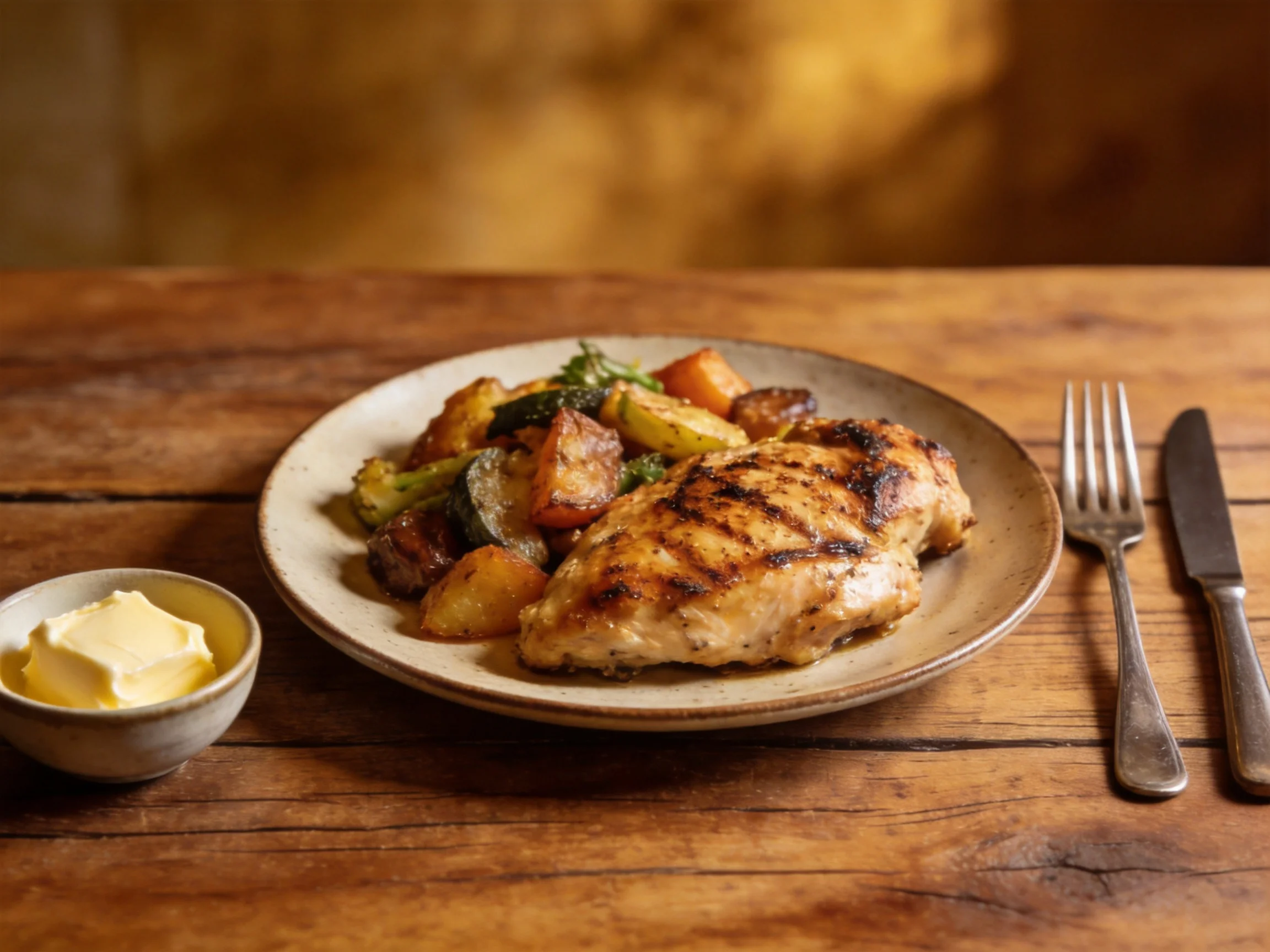 Grilled chicken breast with roasted vegetables and butter on a rustic wooden table