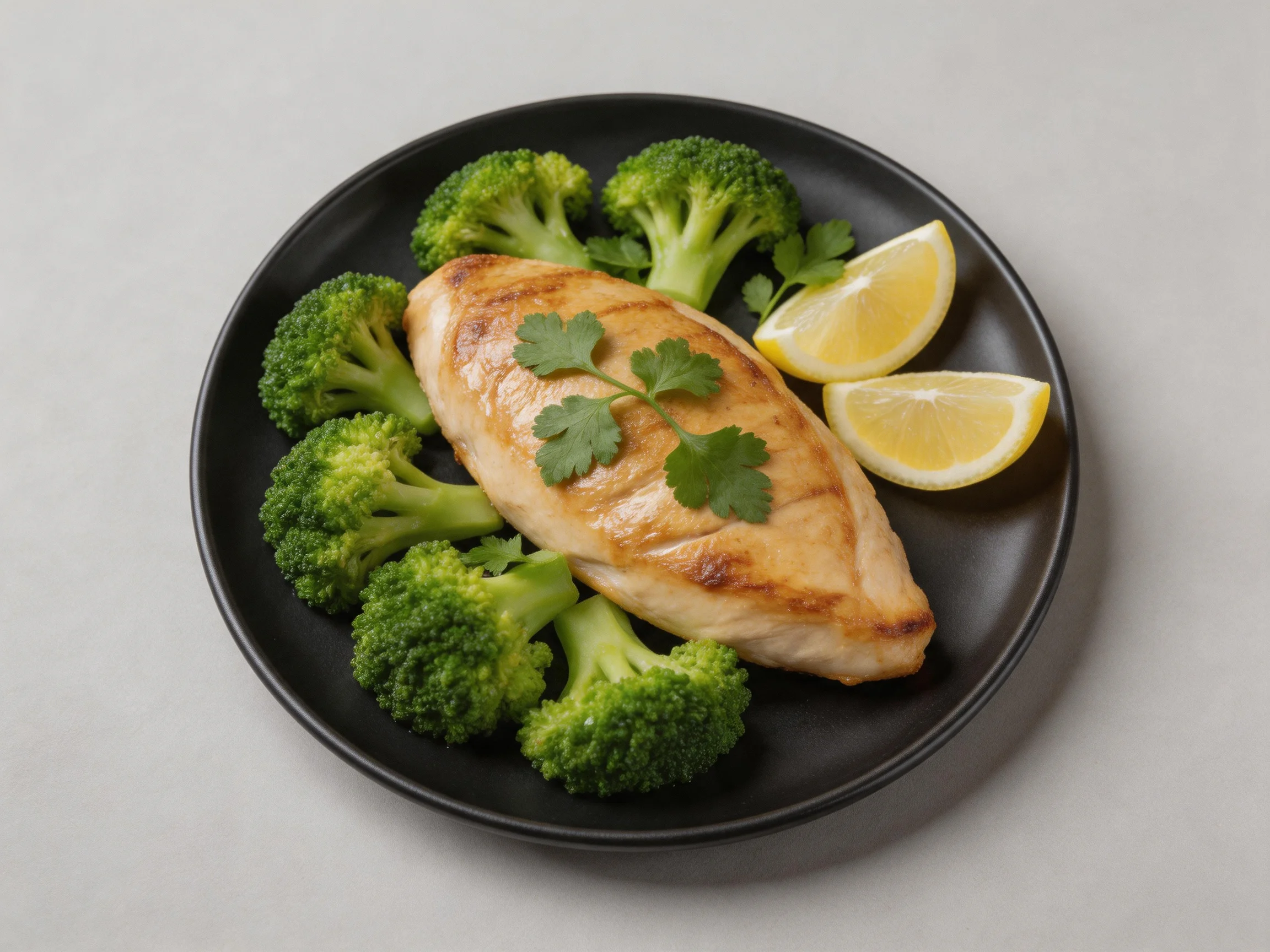 Grilled chicken breast with steamed broccoli and lemon wedges