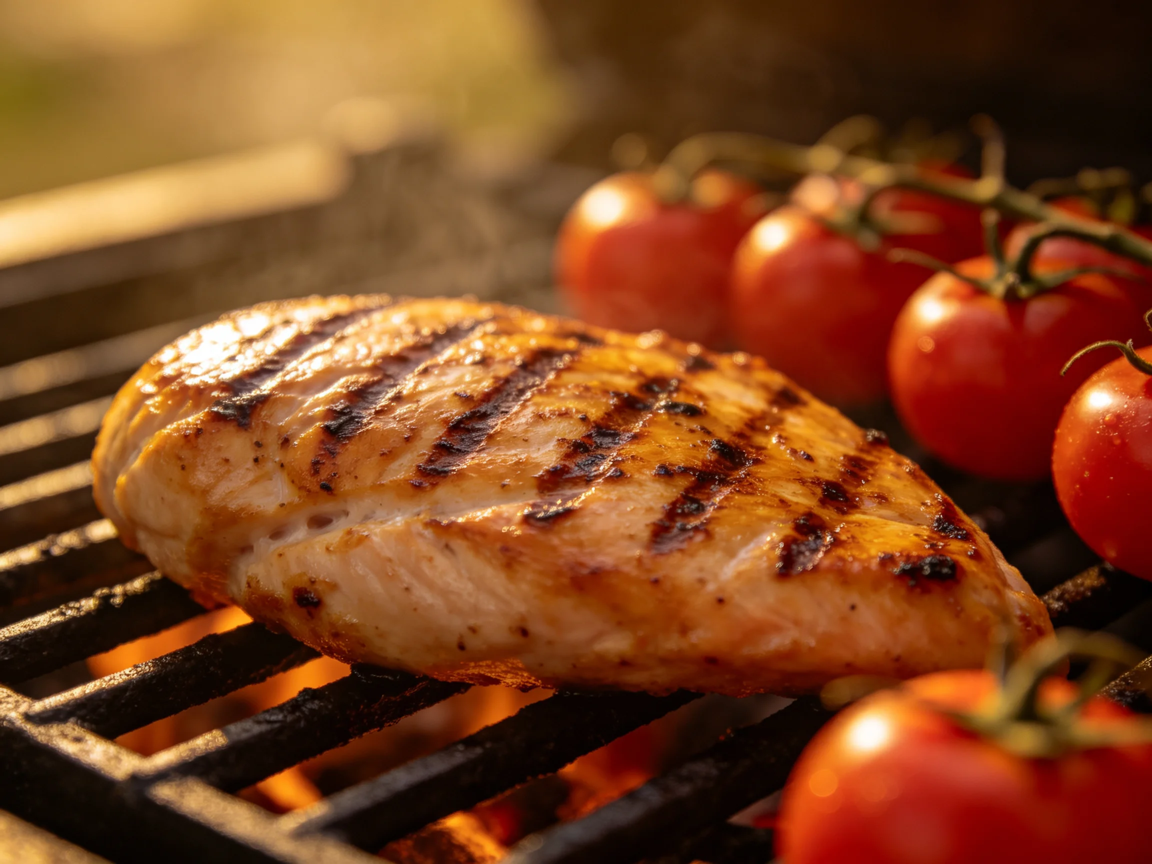 Grilled chicken breast with vine-ripened tomatoes on a barbecue