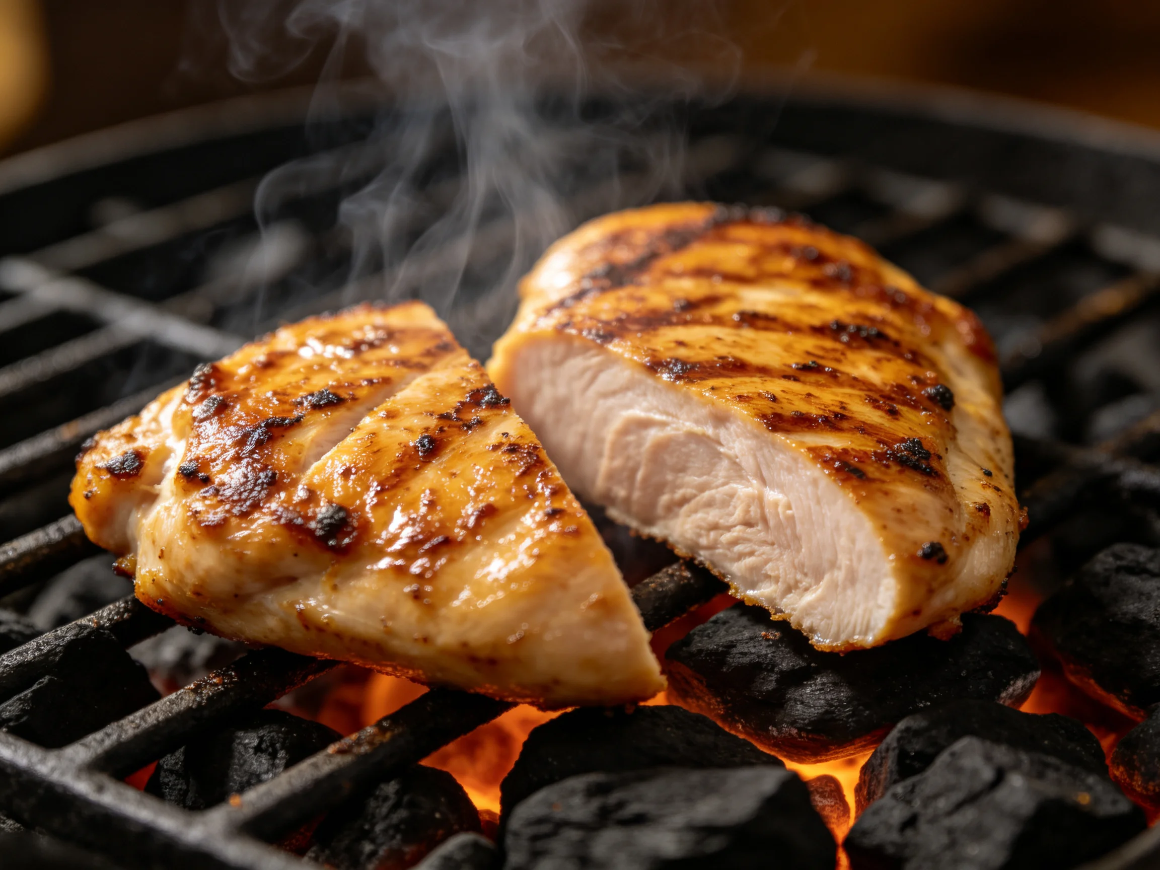 Grilled chicken breasts sizzling over glowing charcoal embers