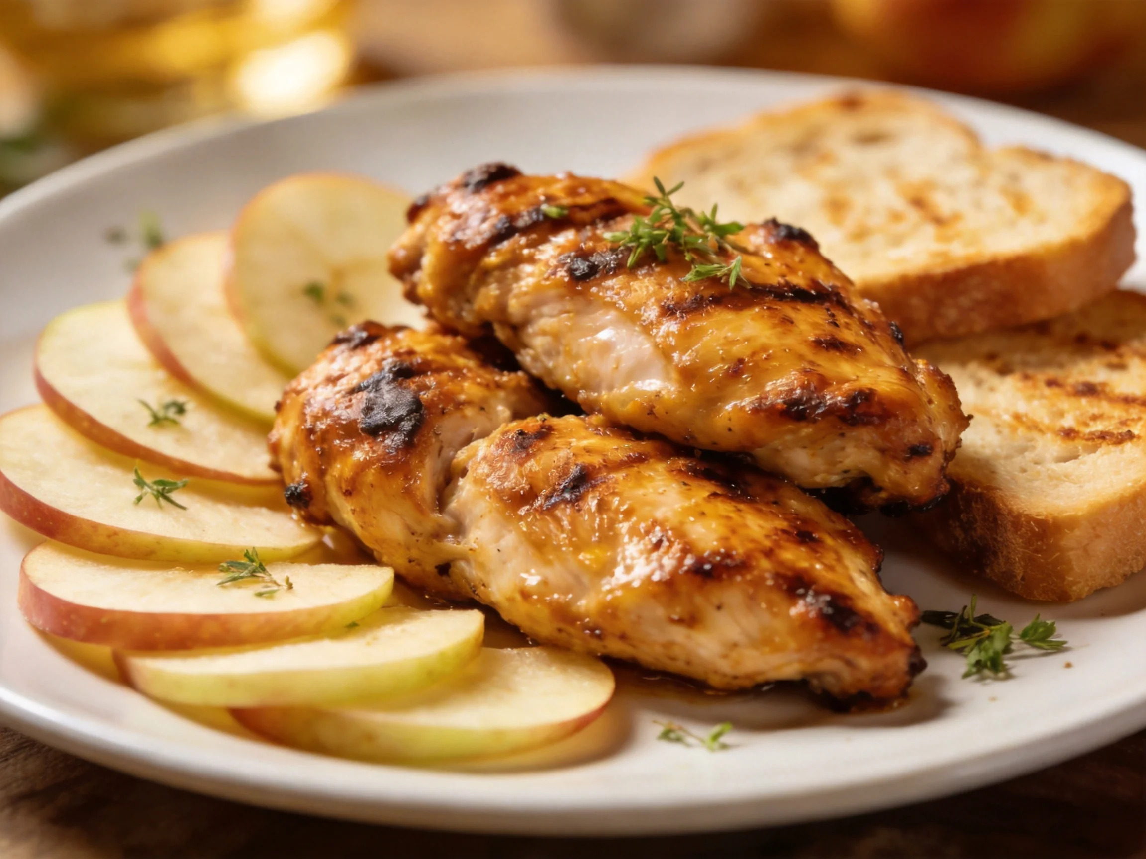 Grilled chicken breasts with apple slices and toasted bread on a white plate