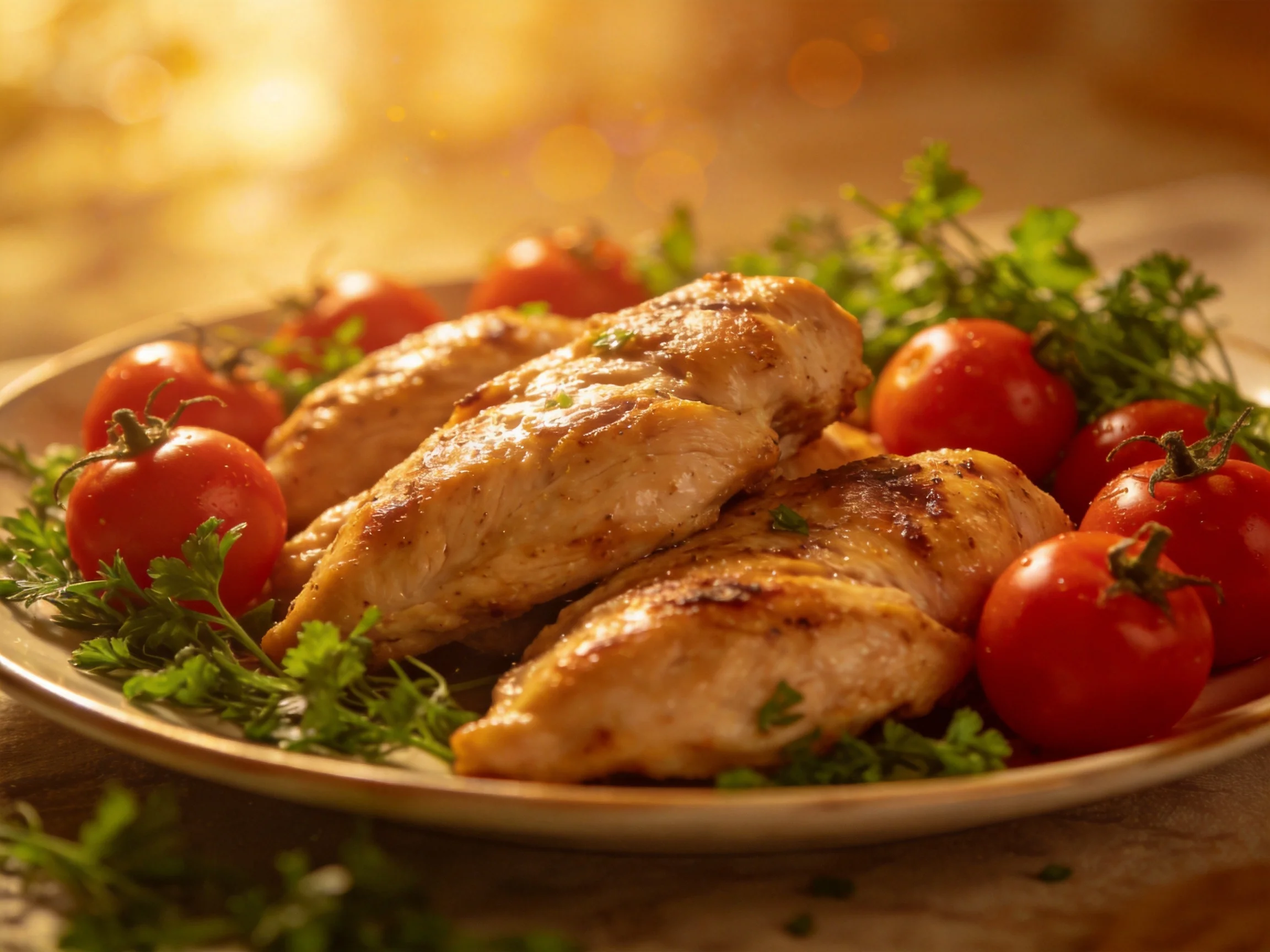 Grilled chicken breasts with cherry tomatoes and fresh herbs