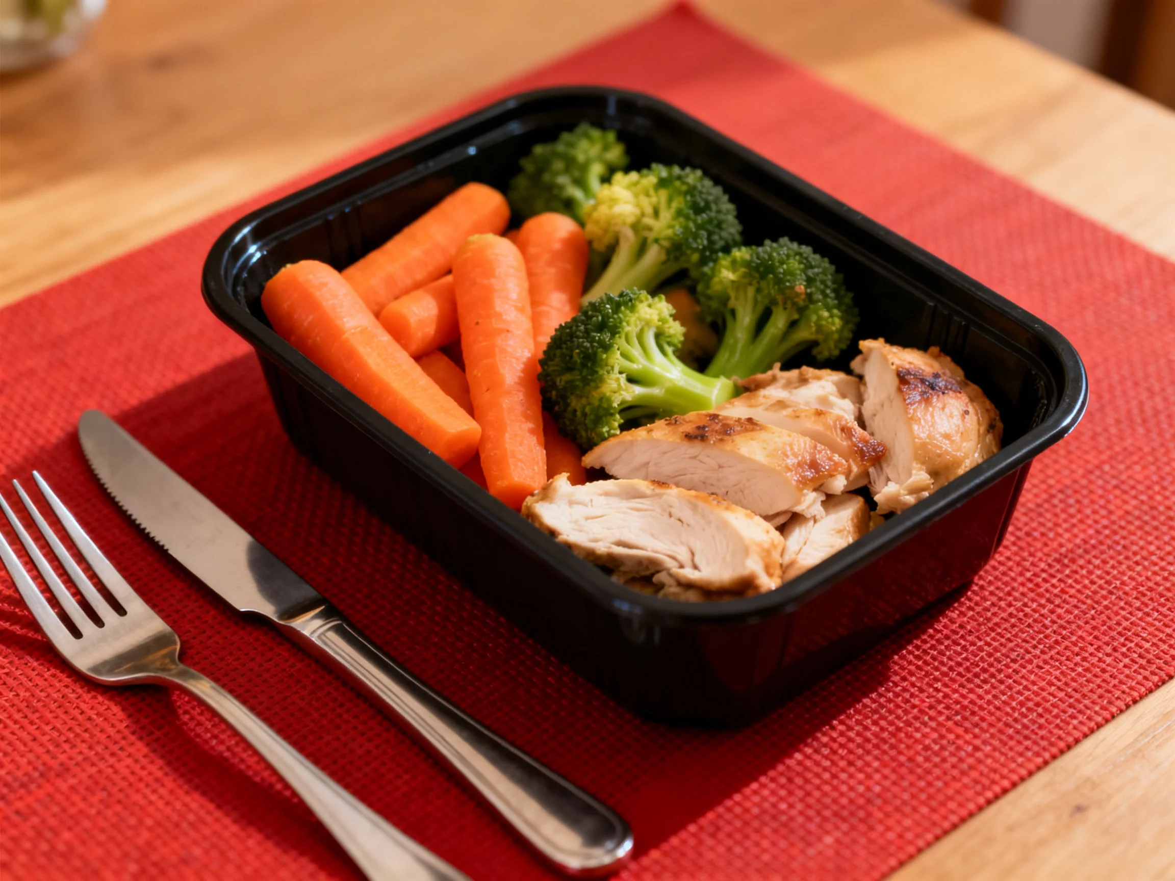 Grilled chicken, carrot sticks, and broccoli in a black plastic container