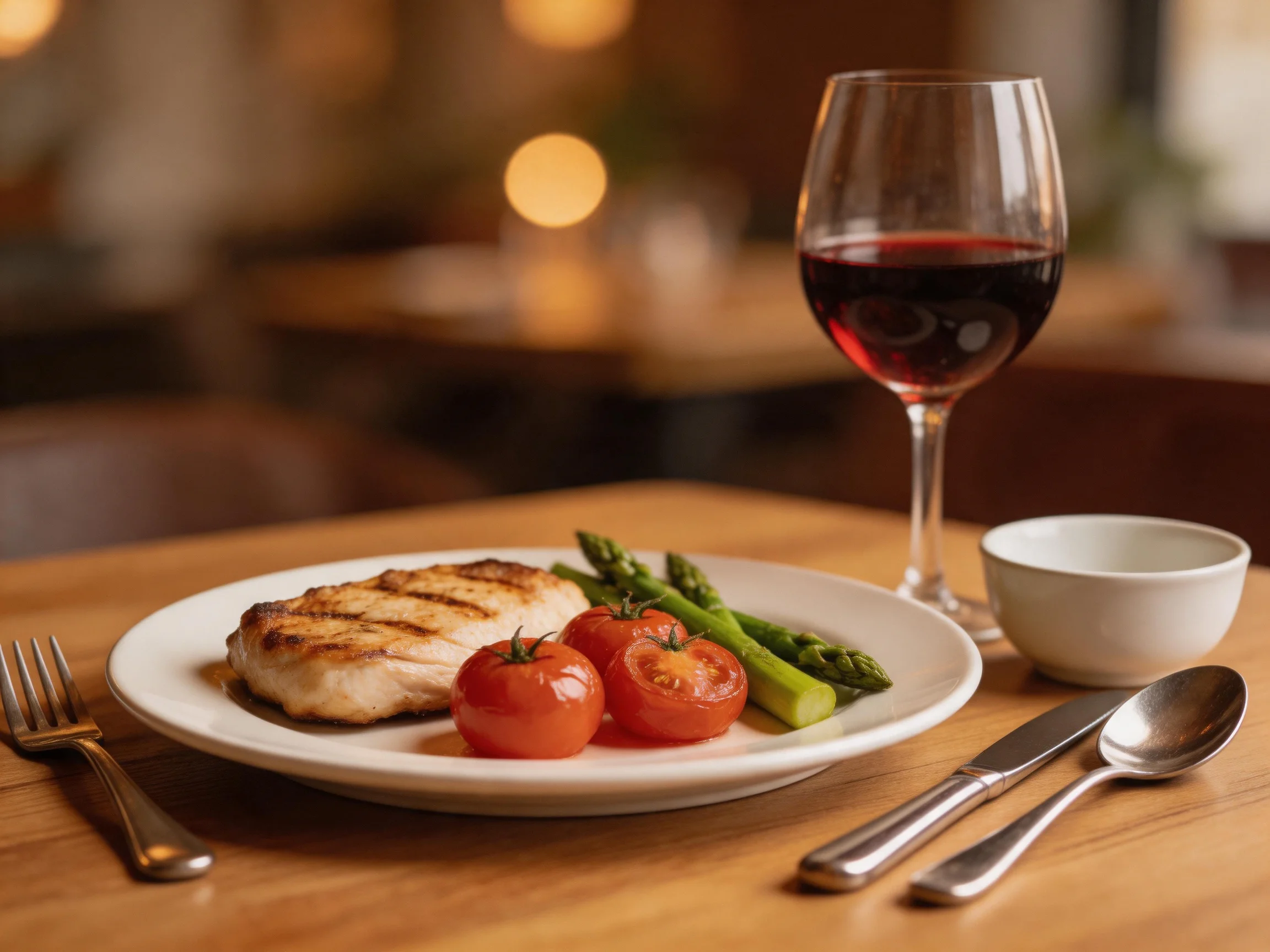 Grilled chicken, cherry tomatoes, asparagus, and red wine on a wooden table