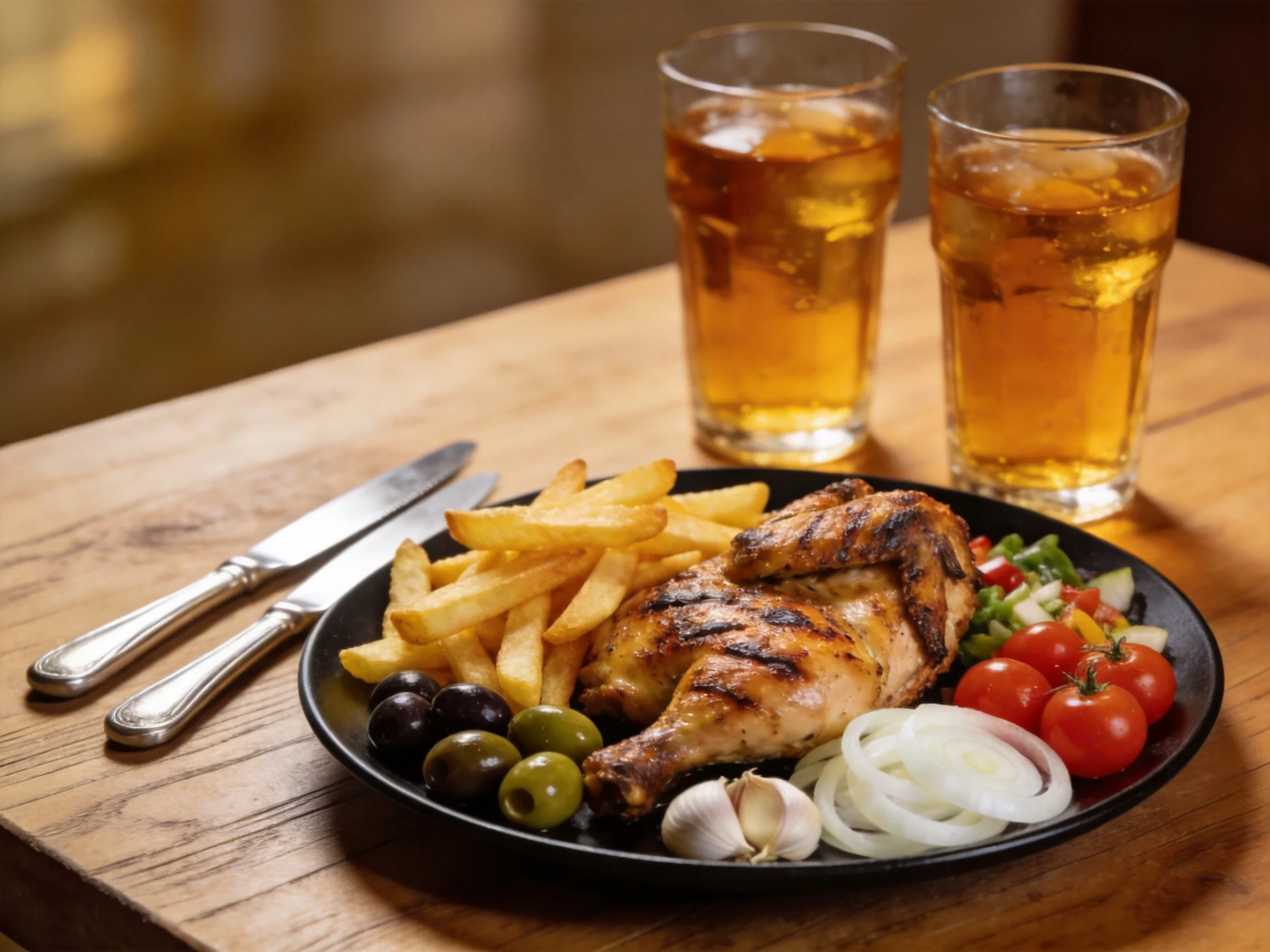 Grilled chicken, golden fries, olives, tomatoes, garlic with two iced teas
