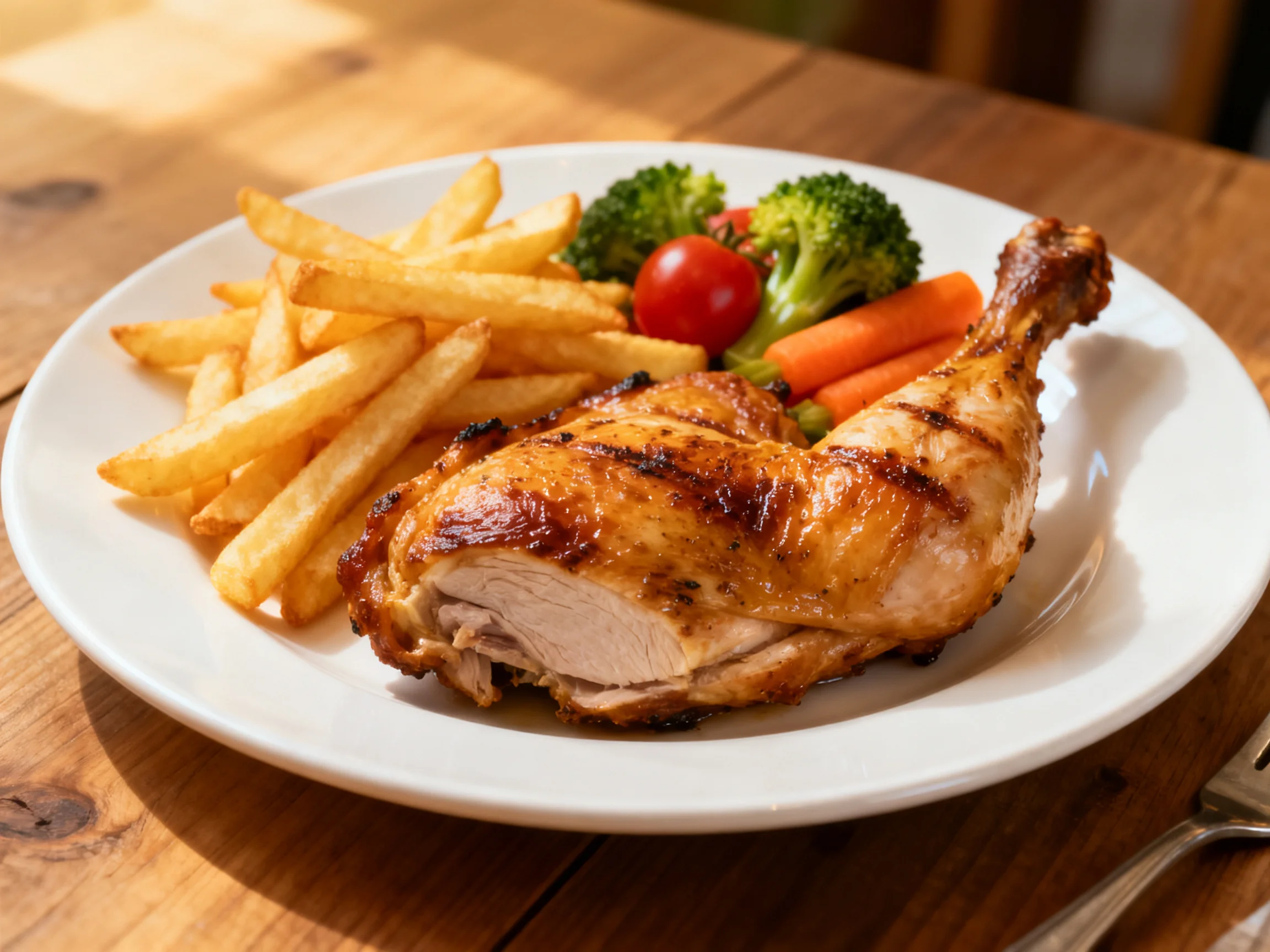 Grilled chicken leg with crispy fries, broccoli, and cherry tomato