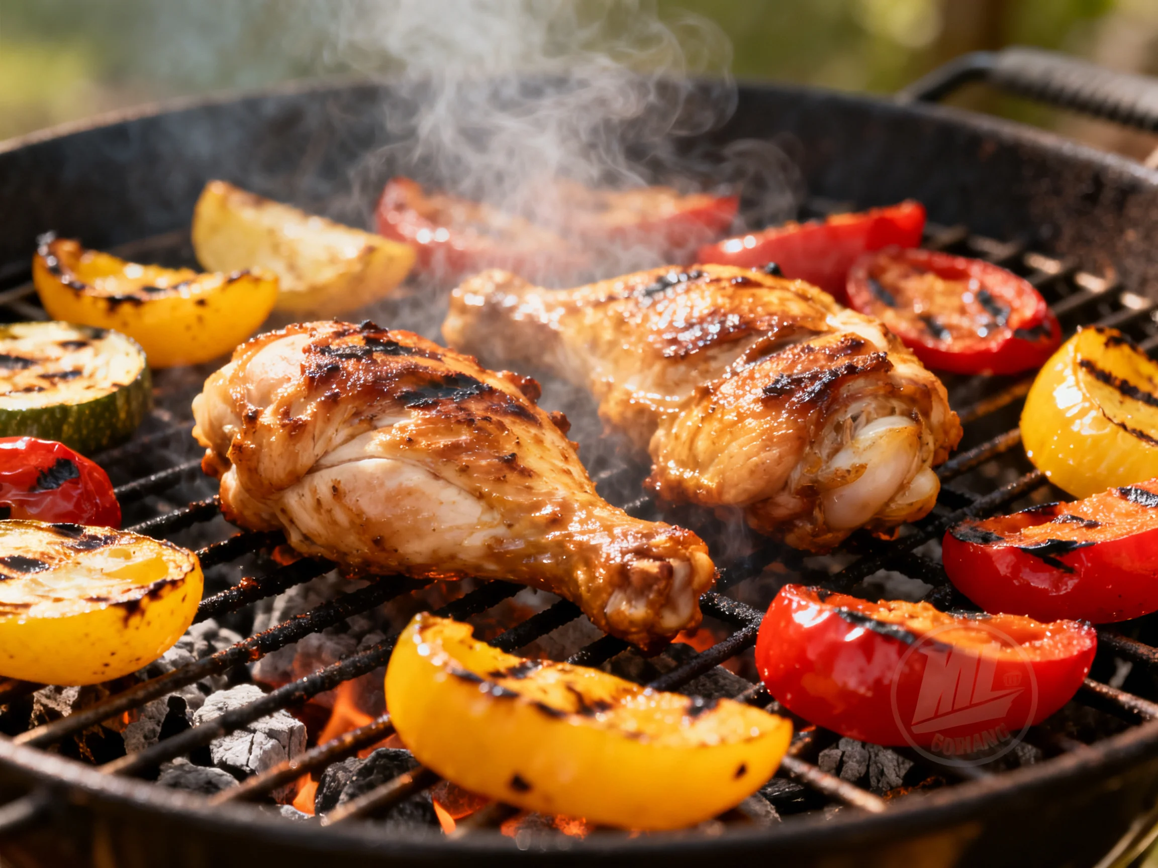 Grilled chicken legs and colorful vegetables sizzle over charcoal