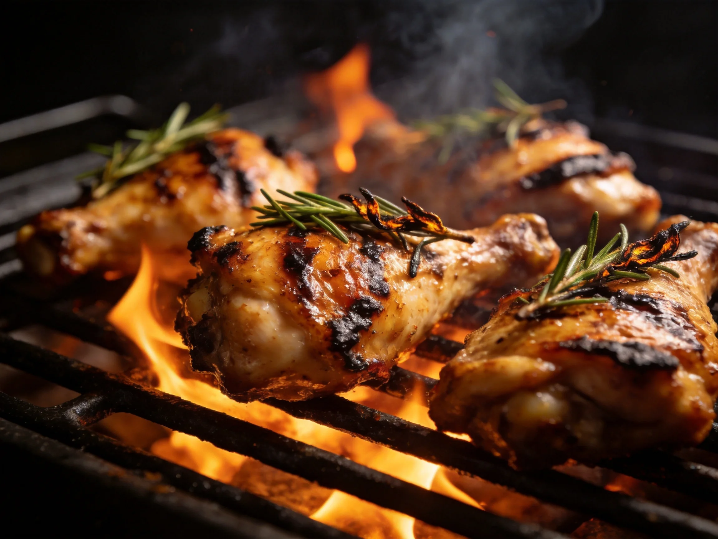 Grilled chicken legs sizzle over bright orange flames with fresh rosemary