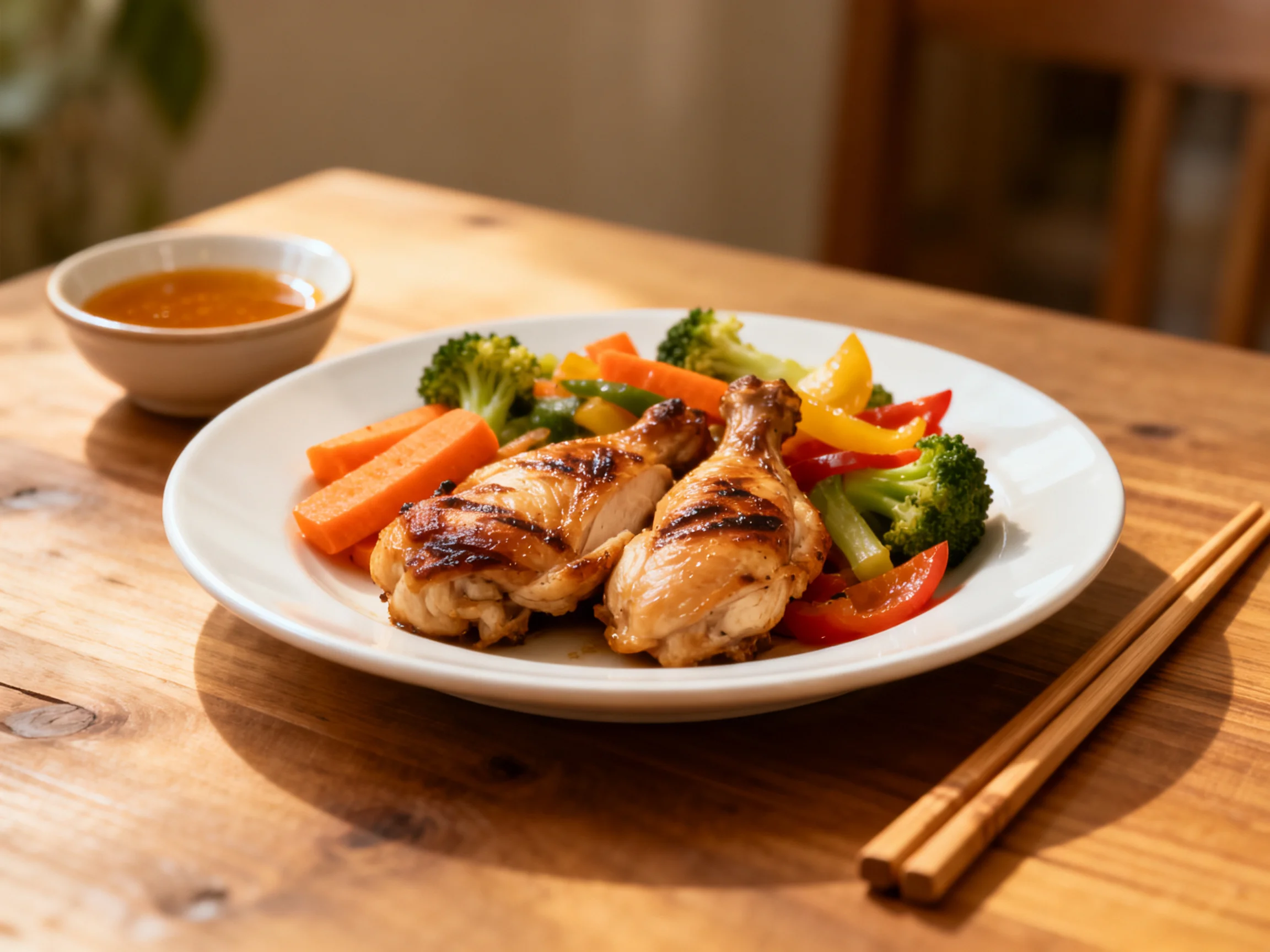 Grilled chicken legs with mixed vegetables and sauce