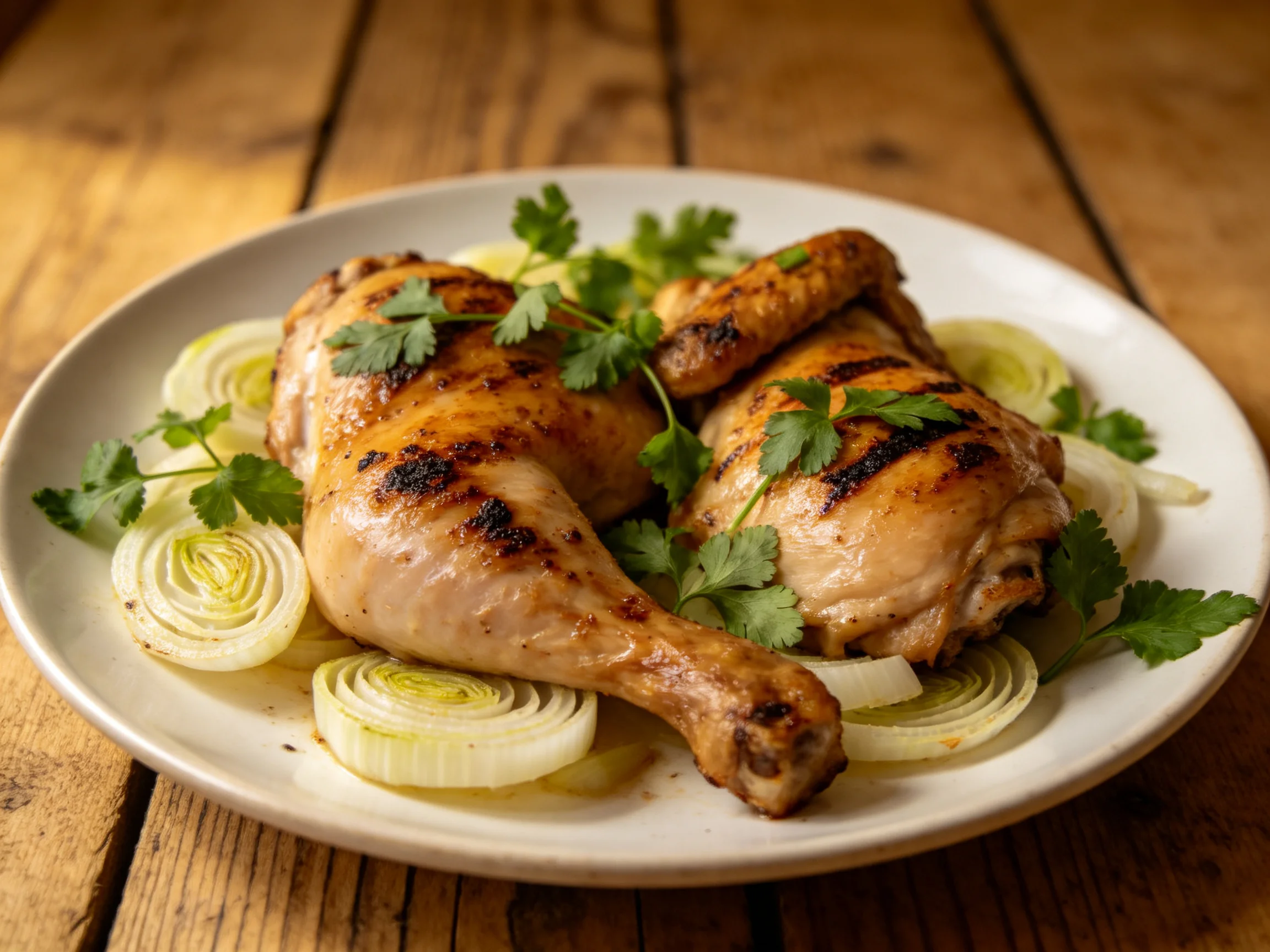 Grilled chicken legs with sliced onions and cilantro on a white plate