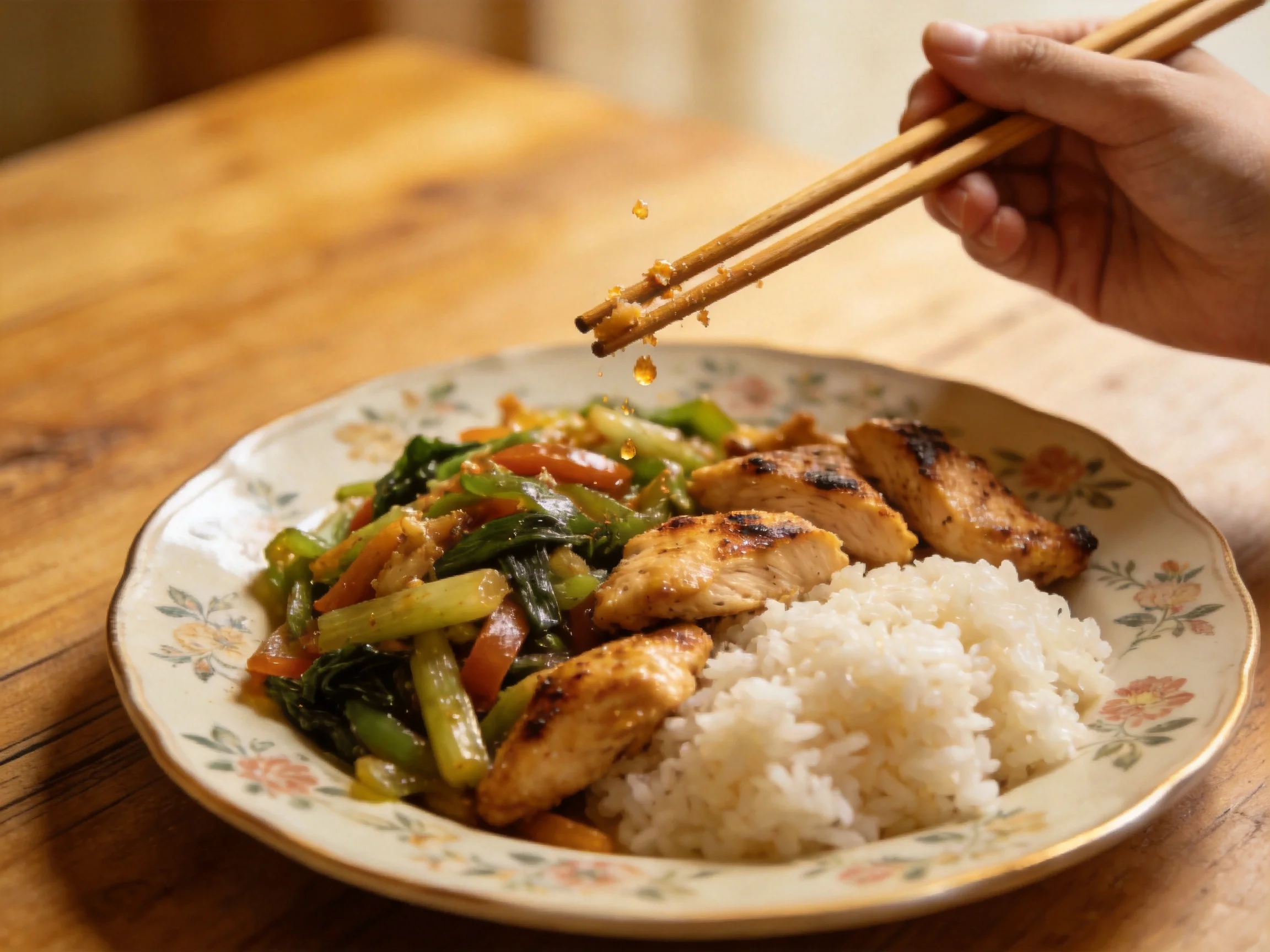 Grilled chicken, mixed colorful veggies, and white rice on a floral plate