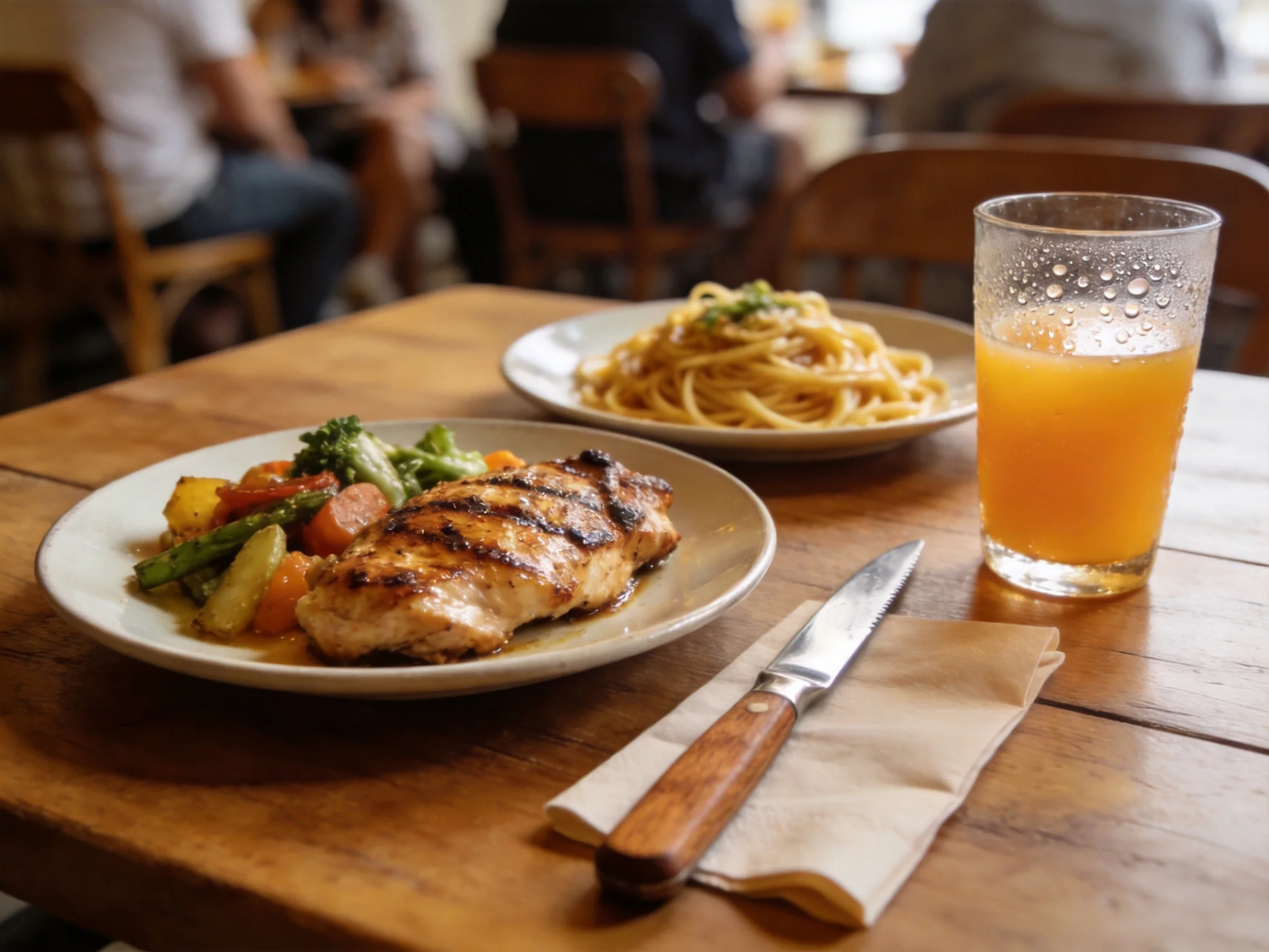 Grilled chicken, pasta, and orange drink served on a wooden table
