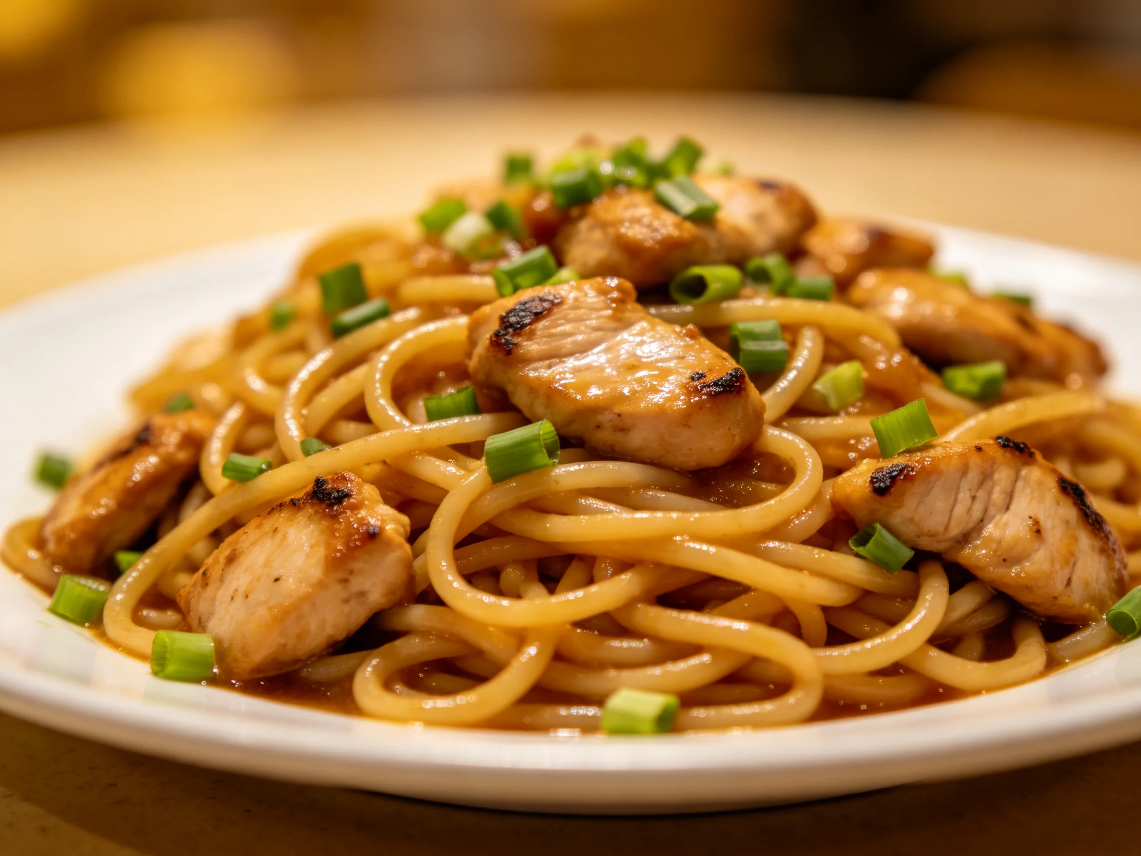 Grilled chicken pasta with green onions on a white plate