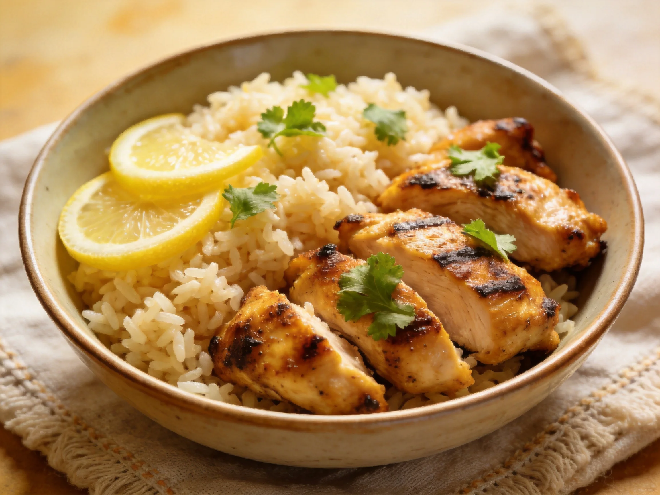 Grilled chicken, rice, and lemon slices in a ceramic bowl