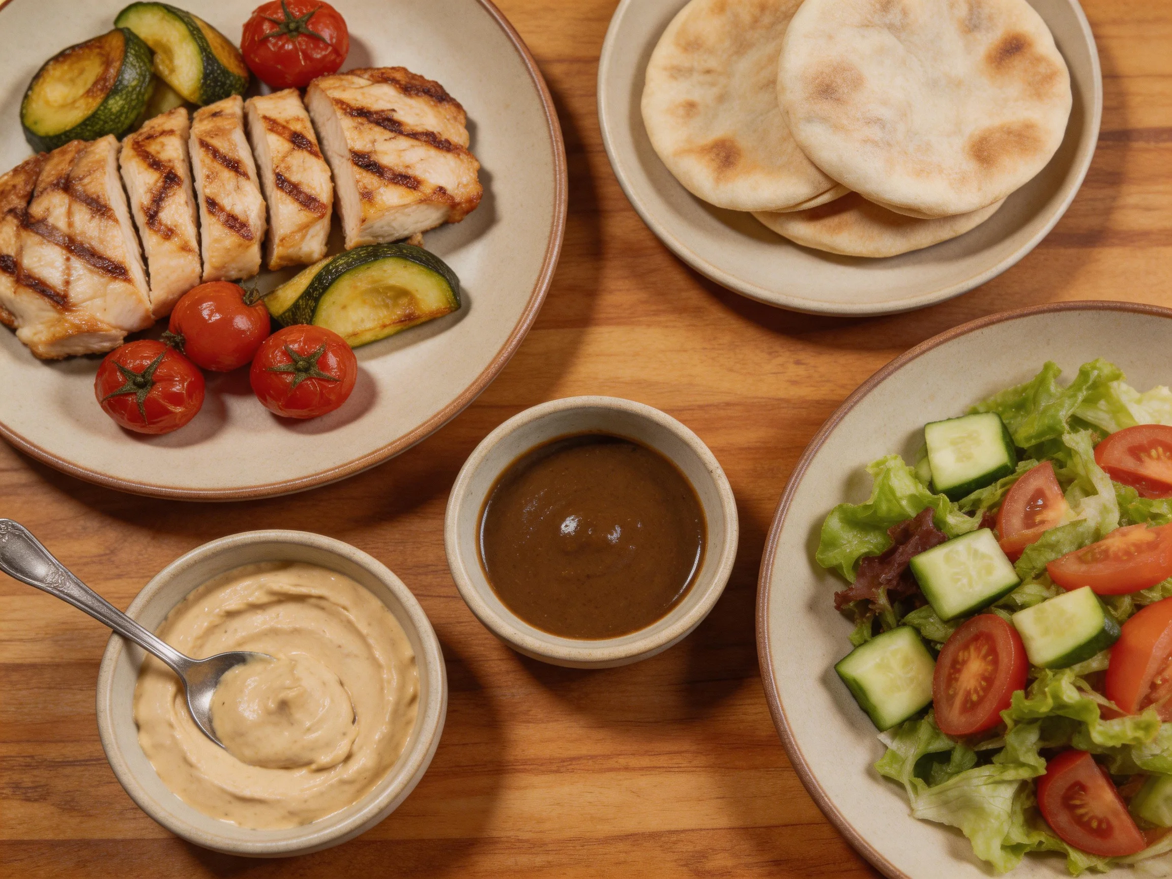 Grilled chicken, roasted veggies, pita breads, and fresh salads with two sauces