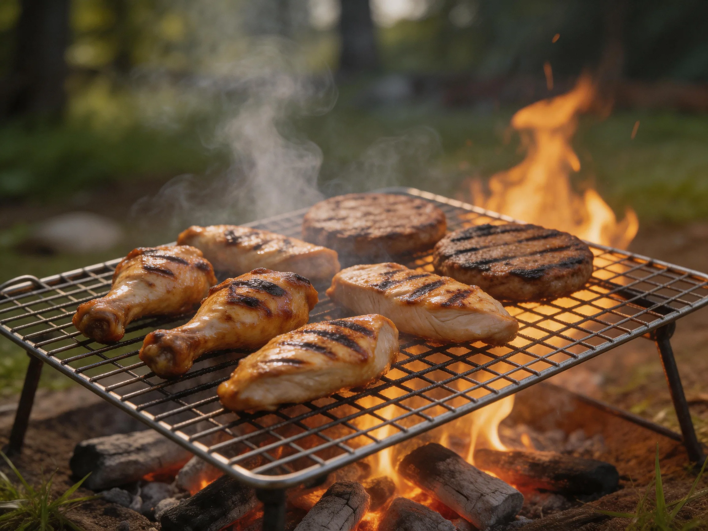 Grilled chicken, salmon, and burgers sizzle over an open campfire
