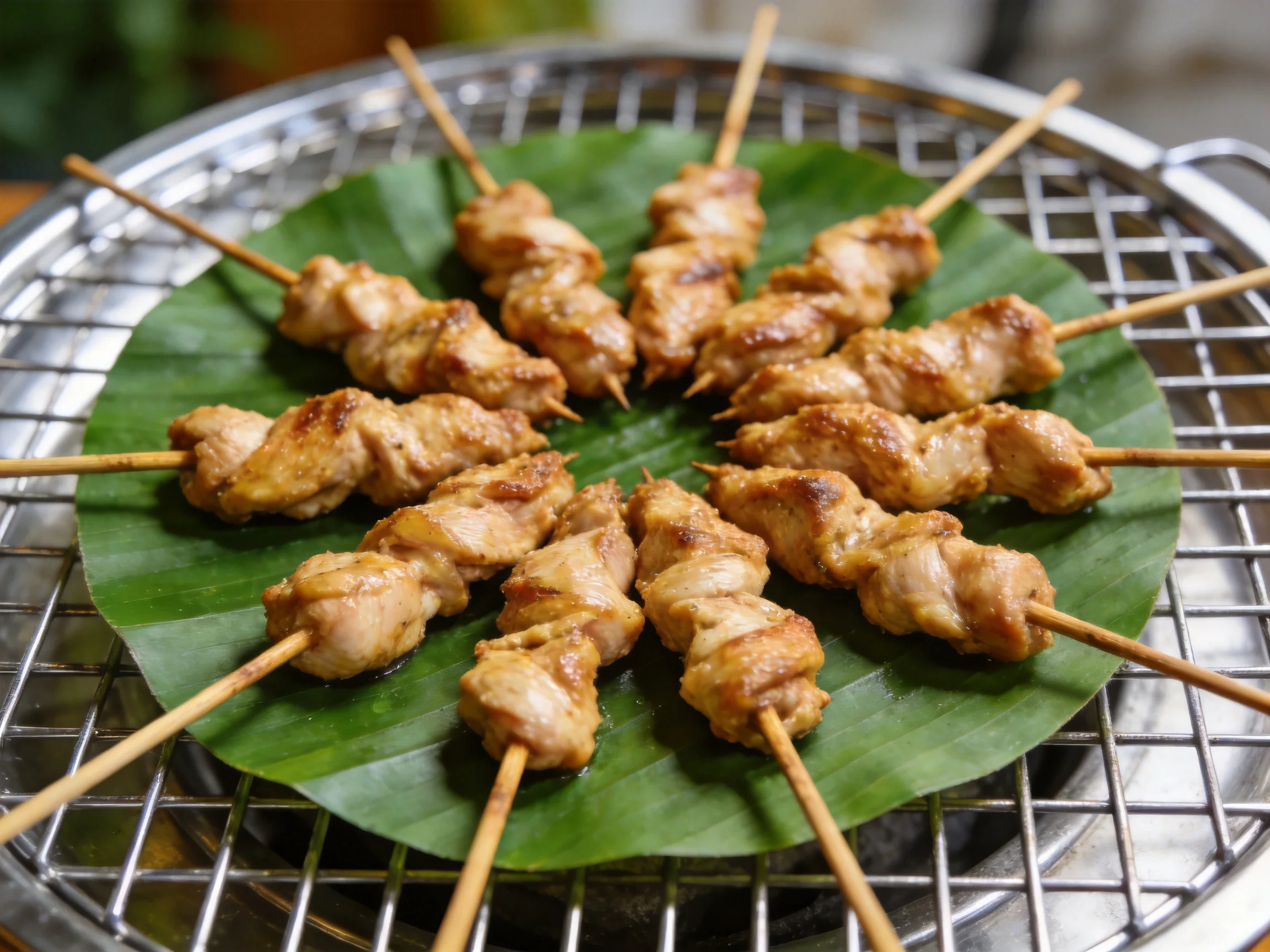 Grilled chicken skewers arranged on a green banana leaf over a metal grill